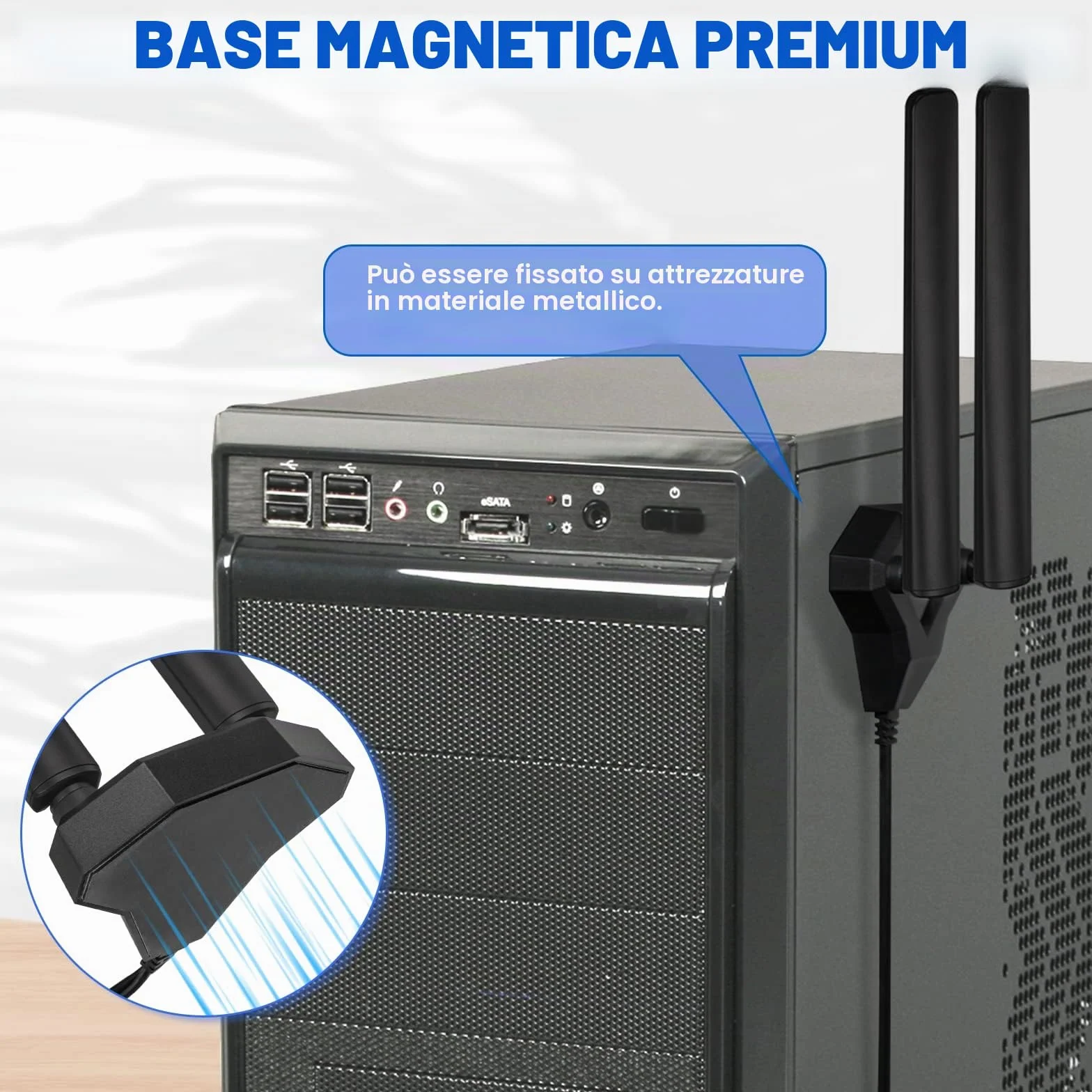 Eightwood Antenna WiFi 6e Tri-band 2,4 GHz/5GHz/6GH Alto Guadagno con Base Magnetica e Supporto a Tre Bande con Cavo di Estensione da 2 Metri antenna wifi per pc