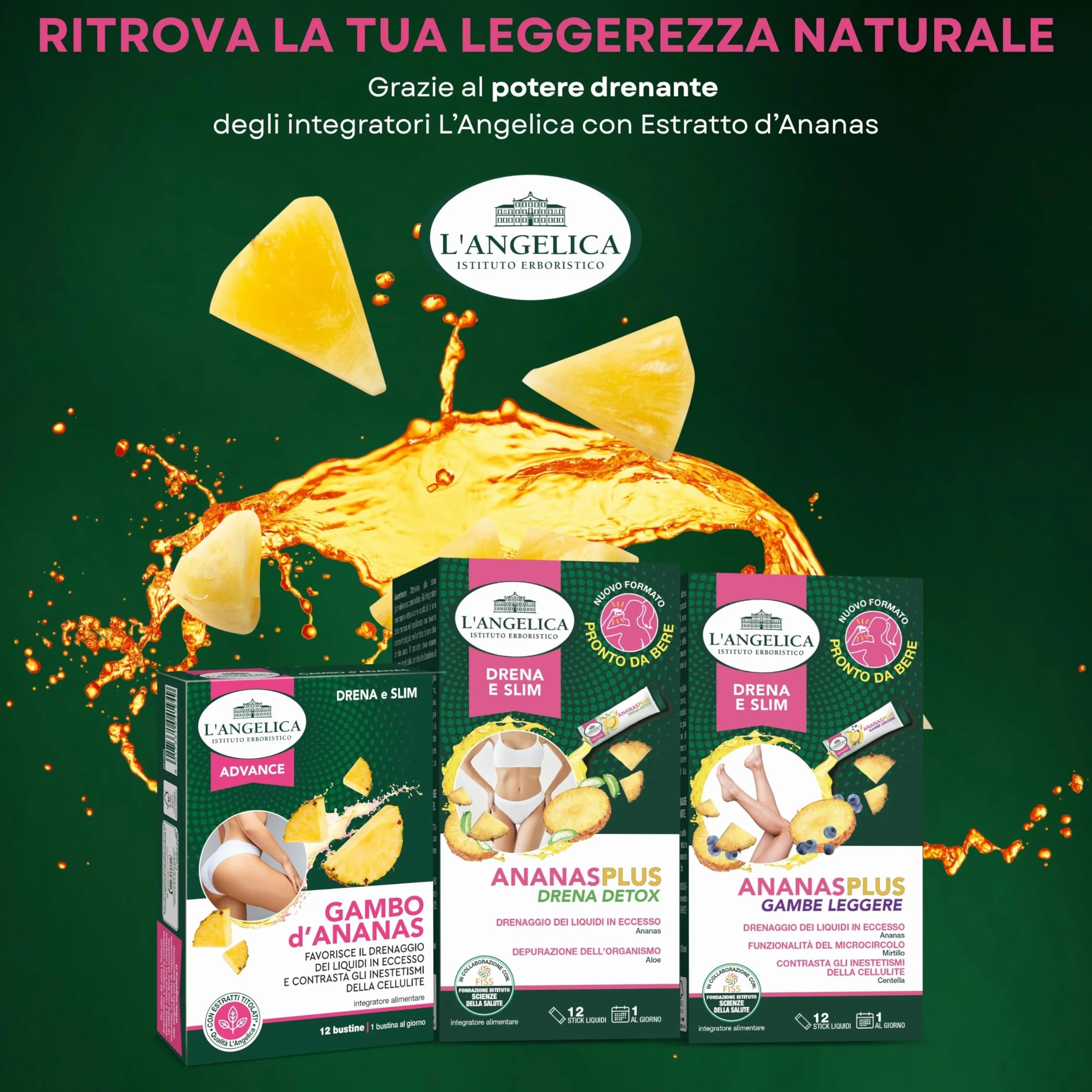 L'Angelica Ananas Plus Drena Detox Integratore Alimentare Drenaggio Depurazione Ananas Aloe Vera 12 Stick