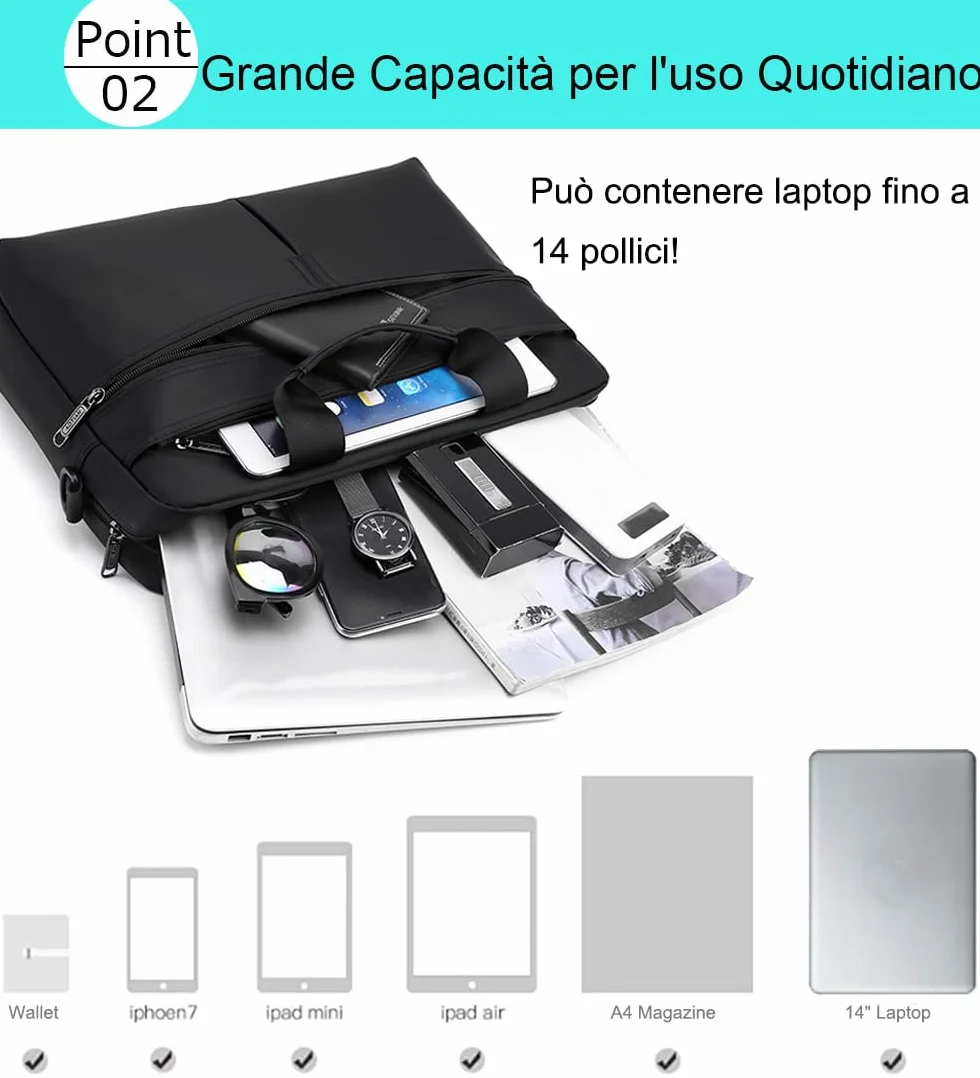 zhongningyifeng Borsa per computer portatile da 14 pollici, borsa sottile per computer da uomo e donna, borsa a tracolla leggera per ufficio, lavoro e lavoro, Nero
