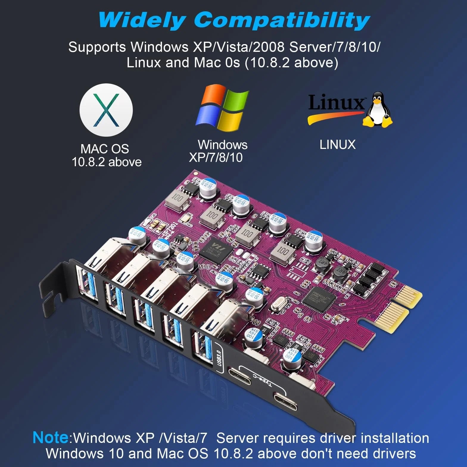 Scheda di Espansione USB 3.0 da 7 Porte (5x Type-A, 2x Type-C) 5 Gbps USB PCI Express per Windows e Mac
