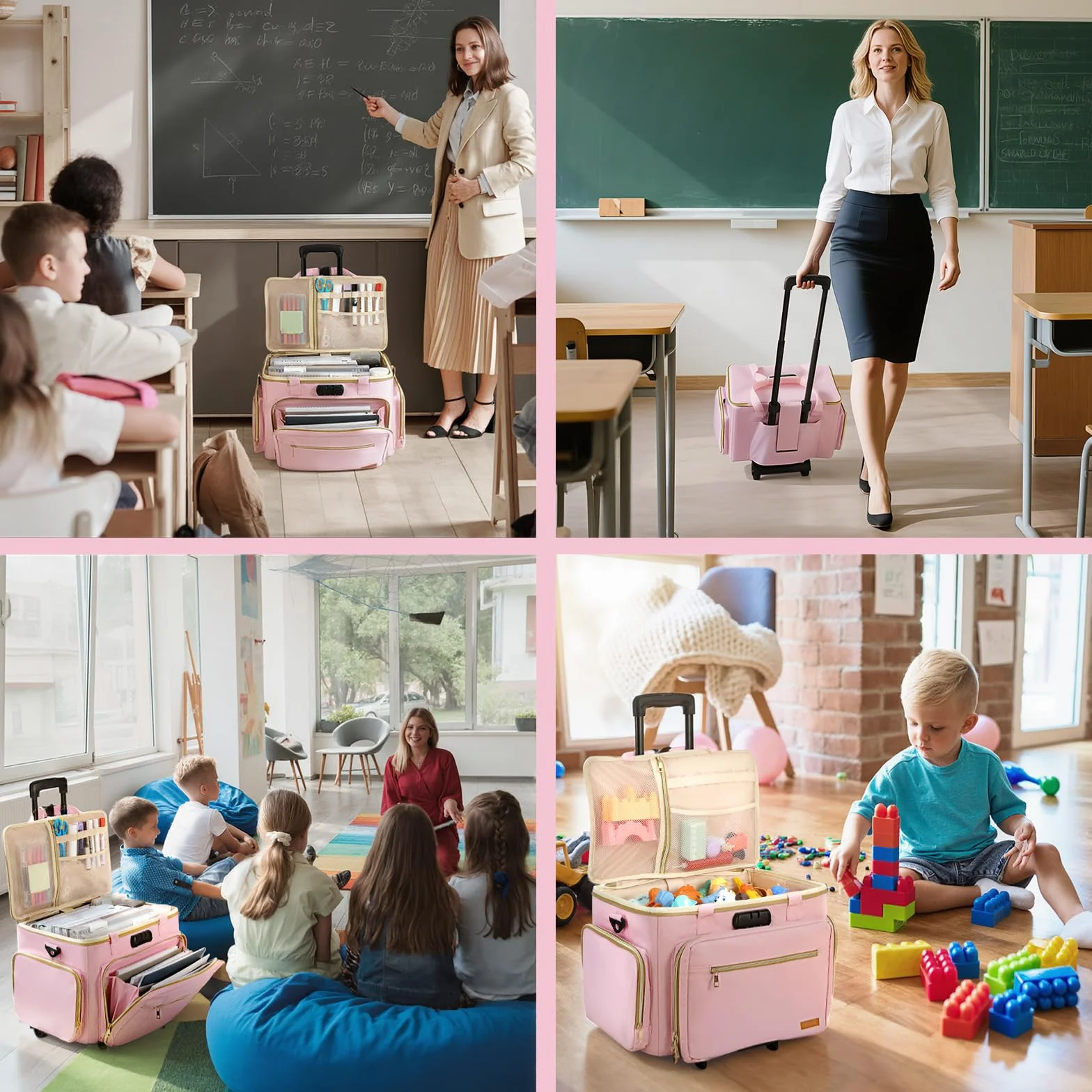 Housolution Borsa Insegnante con Ruotata, Borsa Tote con Trolley Staccabile, Valigetta Lavoro con Ruote per Laptop, Carrello Portadocument Organizer a Fisarmonica, Adatta per Laptop da con 15,6", Rosa