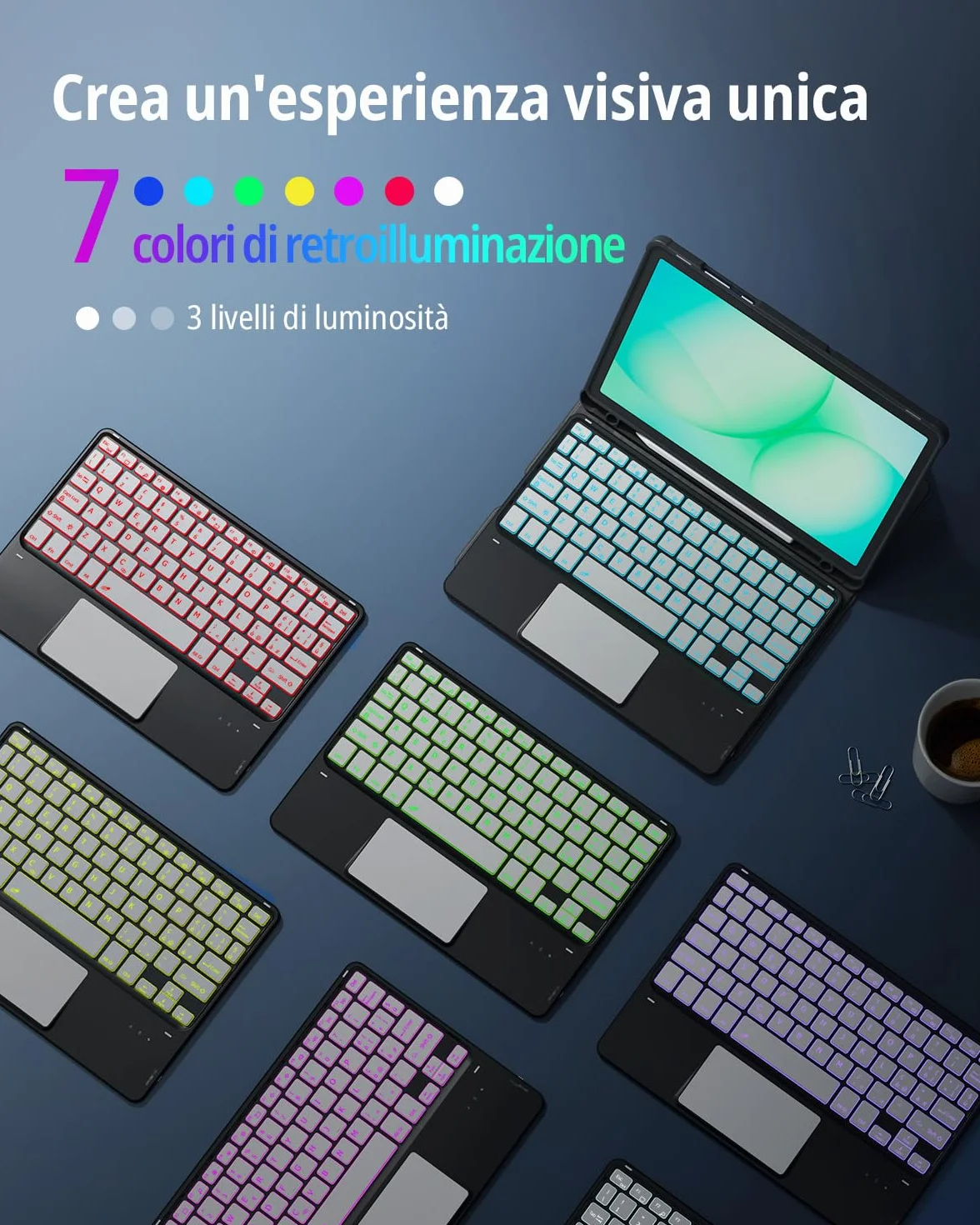 CACOE Custodia con Tastiera Girevole 360 Compatibile con Samsung Galaxy Tab A11 Plus/A9 Plus 11 pollici con Touchpad, Tastiera Staccabile Retroilluminata a 7 Colori con Funzione di Supporto, Nera