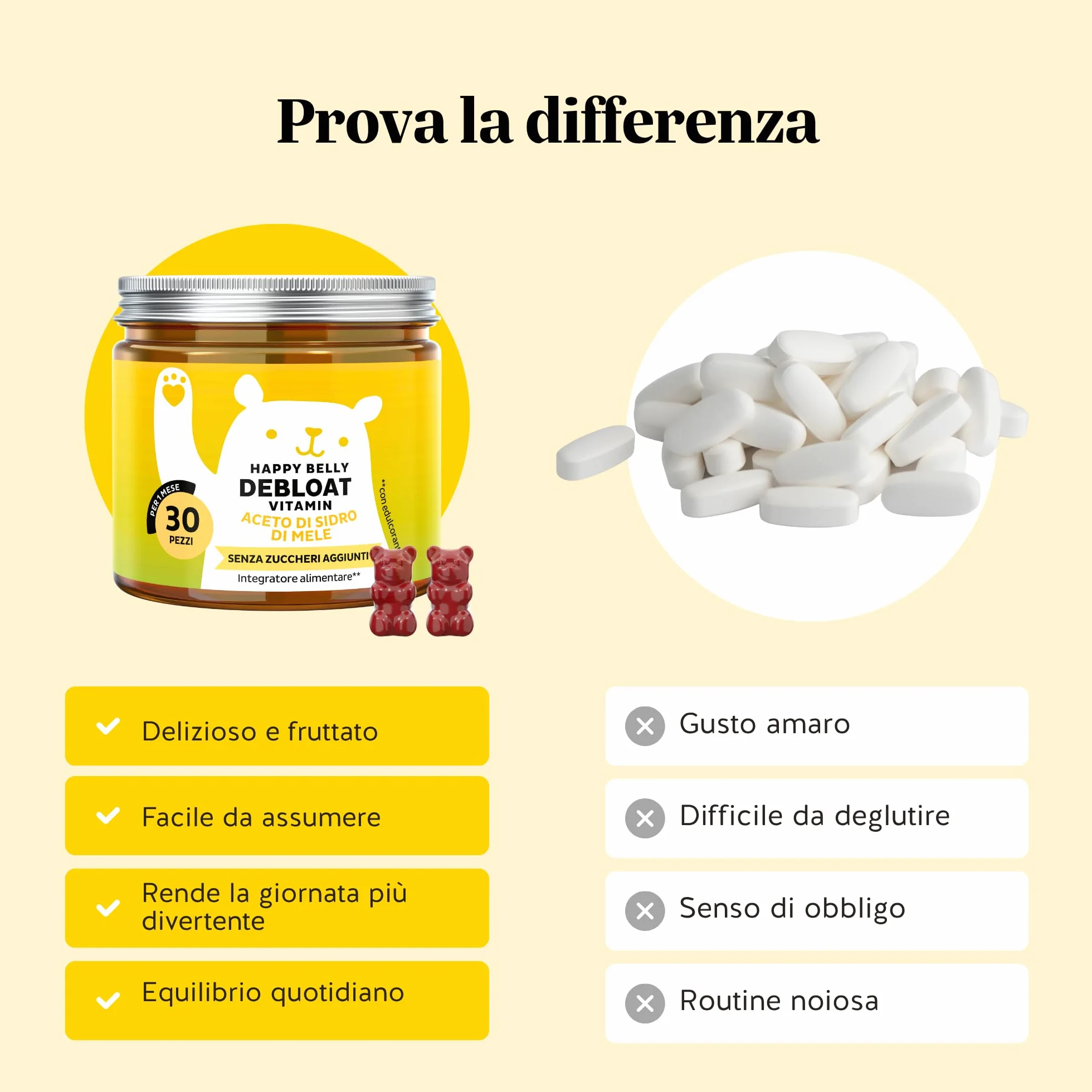 Happy Belly Debloat Aceto di Mele Gommose 7500mg Vitamina B6 B12 30 Pezzi Senza Zuccheri Vegano