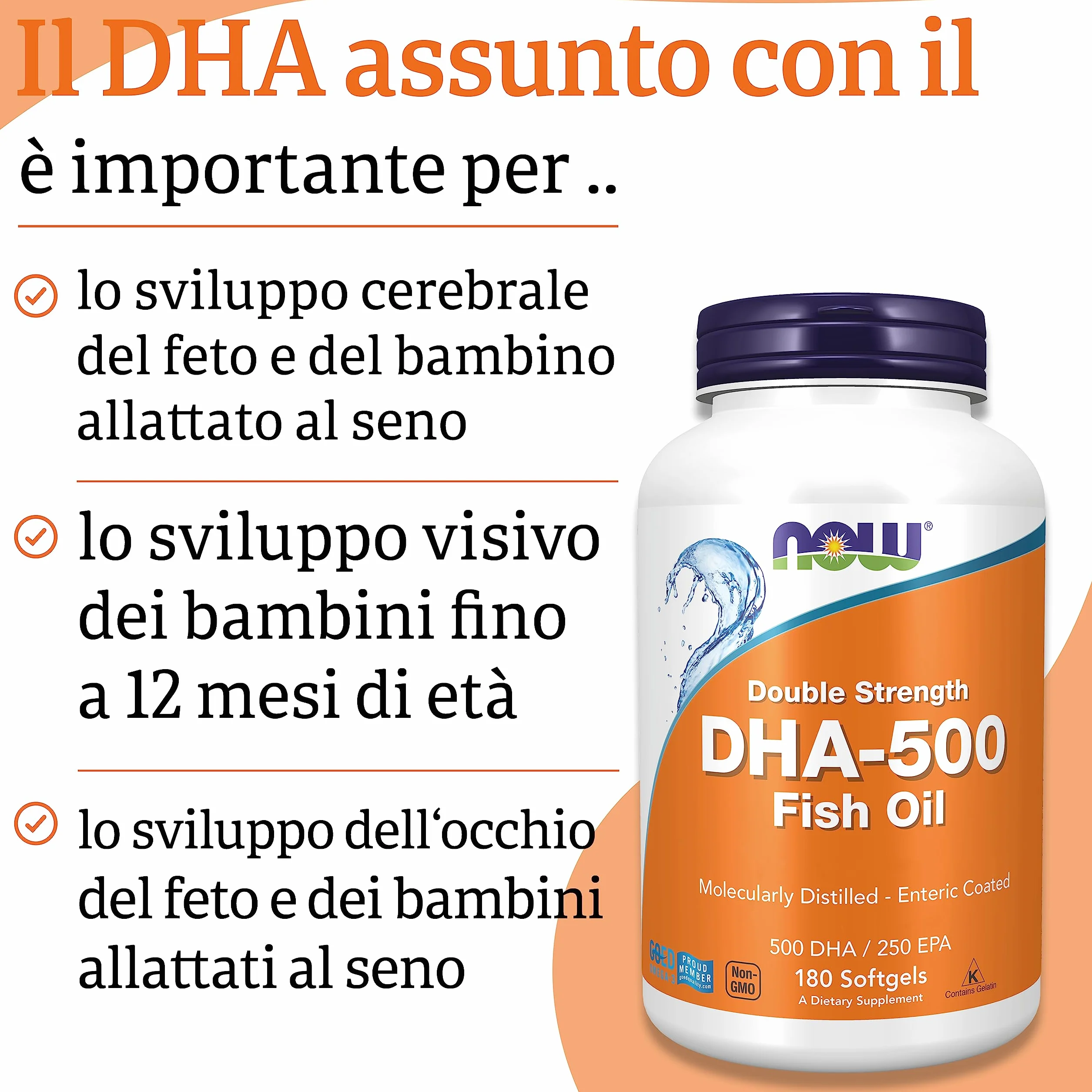 Now Foods DHA-500 Doppia Forza 180 Capsule morbide Olio di Pesce EPA Vitamina E