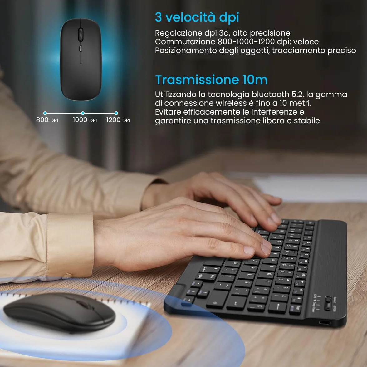 Cimetech Tastiera e mouse wireless Bluetooth, tastiera ergonomica ultrasottile con batteria ricaricabile integrata per iOS, Mac, iPad, Windows e sistemi operativi Android 3.0, Italiano QWERTY, nero