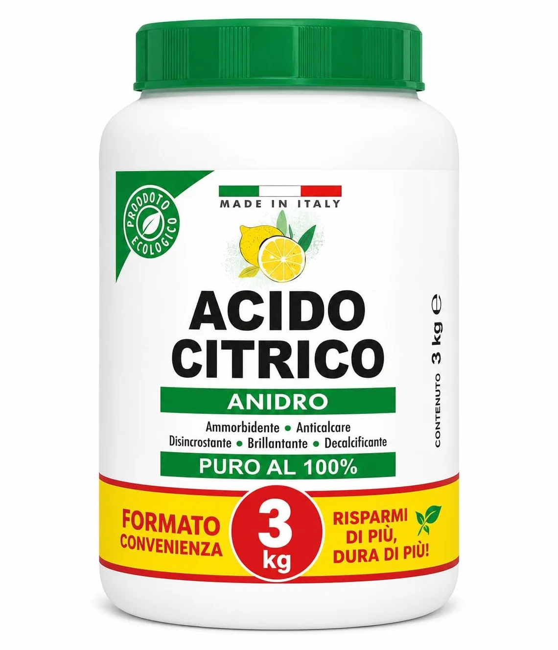 Acido Citrico Anidro 3 Kg Puro al 100% – Anticalcare Naturale Multiuso Made in Italy