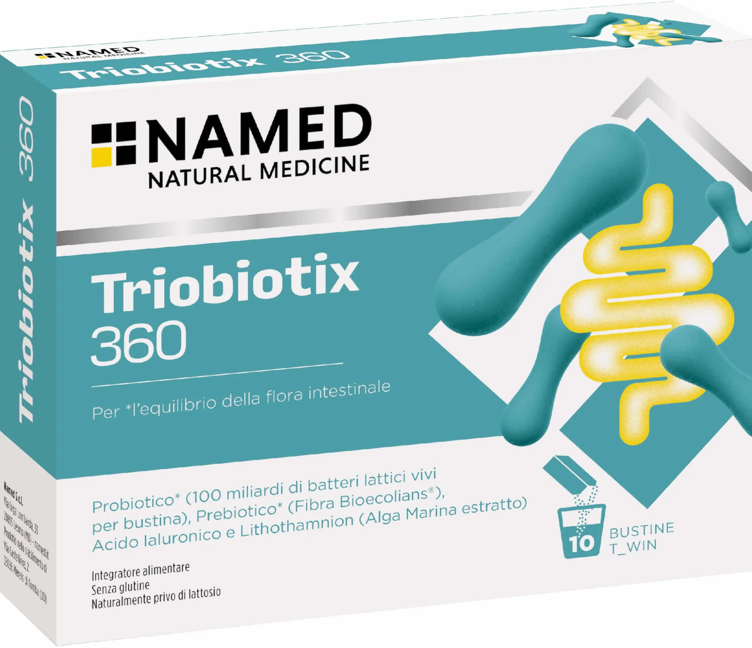 NAMED Triobiotix 360 Integratore Alimentare Probiotico Prebiotico Acido Ialuronico Lithothamnion Calcio Fermenti Lattici Adulti Flora Intestinale 10 Bustine