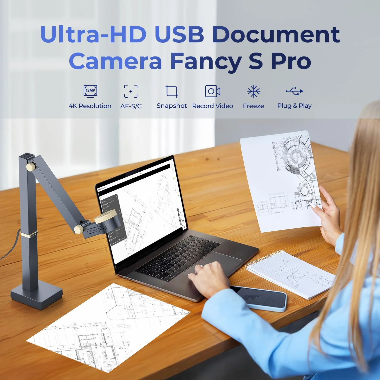 CZUR Fancy S Pro 12 MP Fotocamera per Documenti 4K Pieghevole Visualizzatore Webcam 1080P@60 FPS Doppio Autofocus A3 LED Grigio