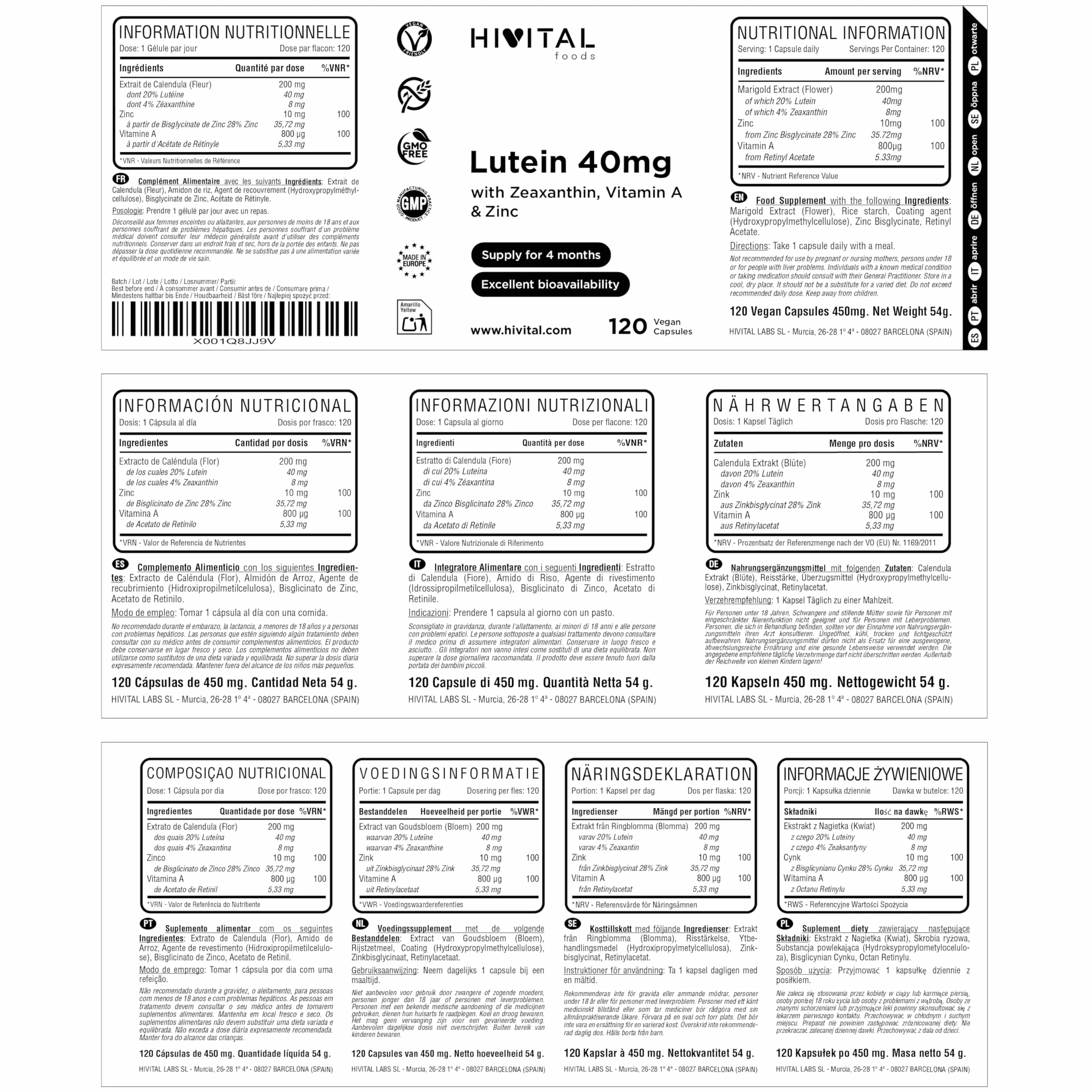 Luteina 40 mg 120 capsule vegane con Zeaxantina Vitamina A e Zinco HIVITAL