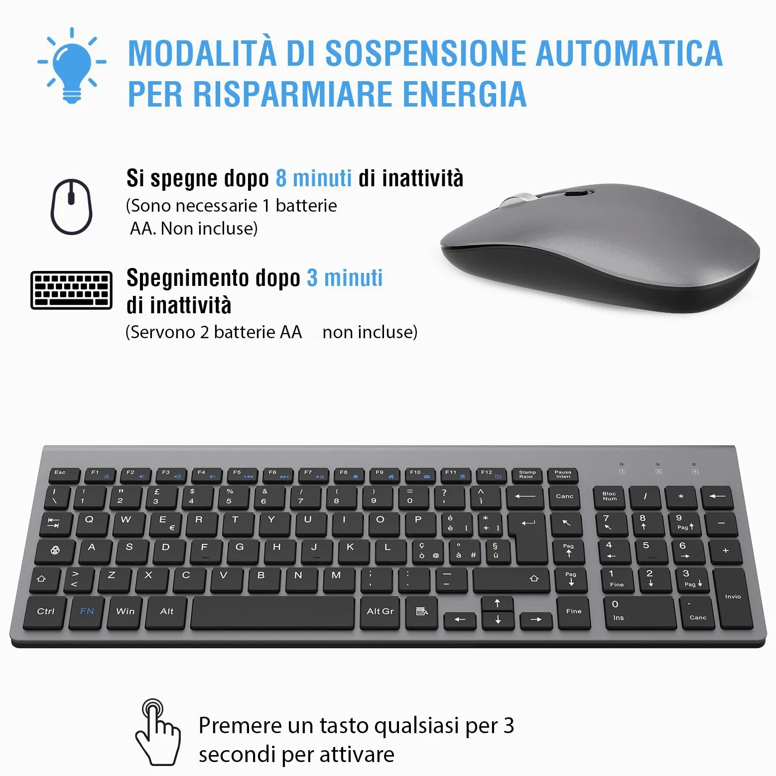 cimetech Tastiera e Mouse Wireless, Layout Italiano QWERTY, Ultra-Sottile Ergonomico Full-Size 2.4Ghz Wireless Mouse Tastiera Numerico con Ricevitore Nano per PC/Laptop/Win7/8/10（grigio）