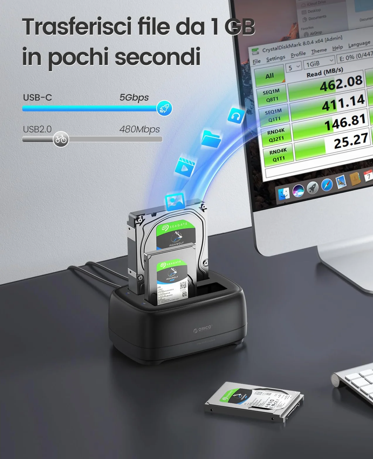 ORICO Dual Bay Docking Station USB 3.2 Gen1 per HDD SSD SATA 2,5 e 3,5 Pollici, Case Esterno Fino a 40TB con UASP (DD28C3)