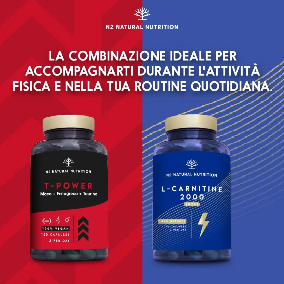 Integratore Testosterone Uomo con Maca, Taurina, Fieno Greco, Ginseng, Zinco e B6 - 120 Capsule N2 Natural Nutrition