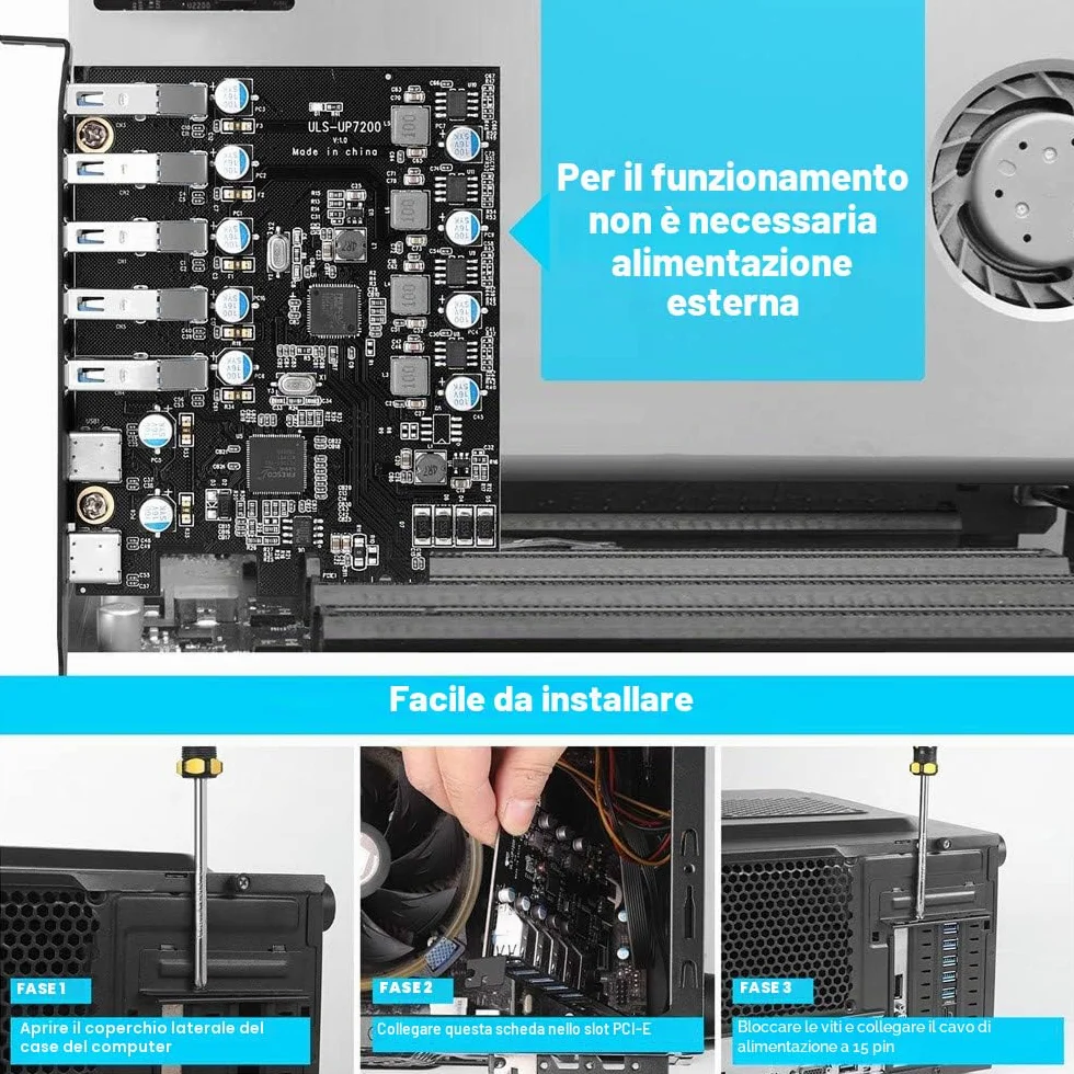 Scheda PCIe USB 3.0 (USB 3.2 Gen 1) da 7 Porte 5 Gbps per Computer Windows e Mac
