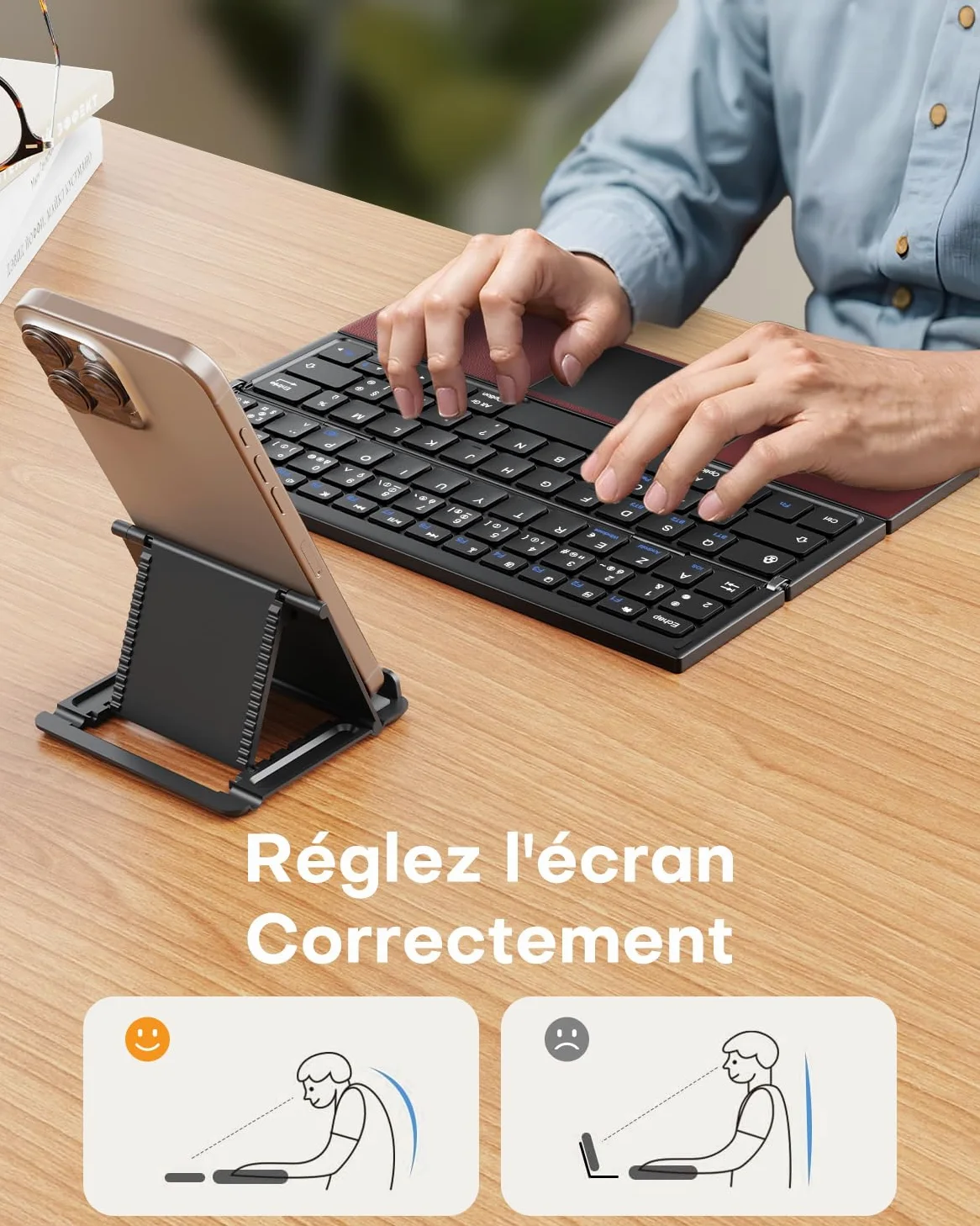 OMOTON Tastiera pieghevole AZERTY Bluetooth con touchpad, Bordeaux | Multidispositivo, portatile, mini tastiera senza fili silenziosa, compatibile con Android Windows iOS Telefono Tablet iPad