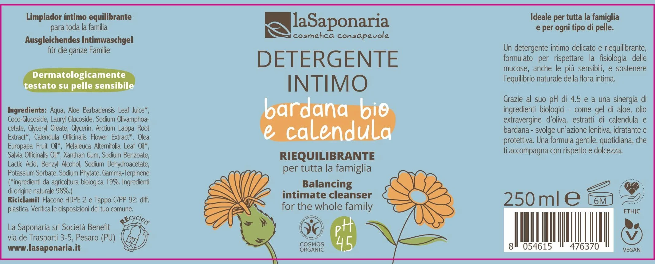 La Saponaria Detergente Intimo Riequilibrante pH 4.5 250 ml Bardana Bio Calendula
