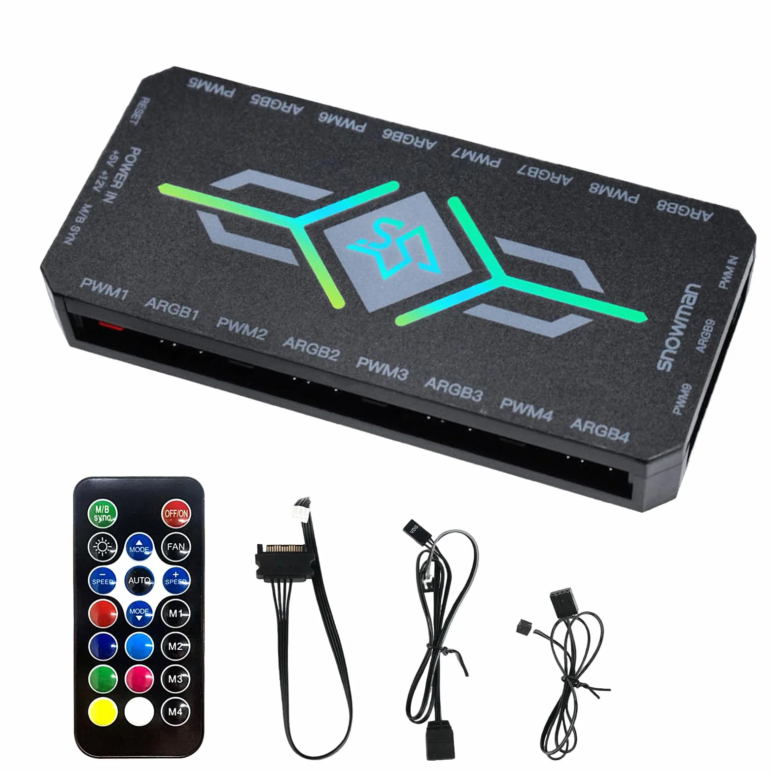 Hub Ventole PC ARGB PWM con Telecomando, 9 Porte PWM 4 Pin e 9 Porte ARGB 5V 3 Pin, Base Magnetica Alimentazione SATA, Nero