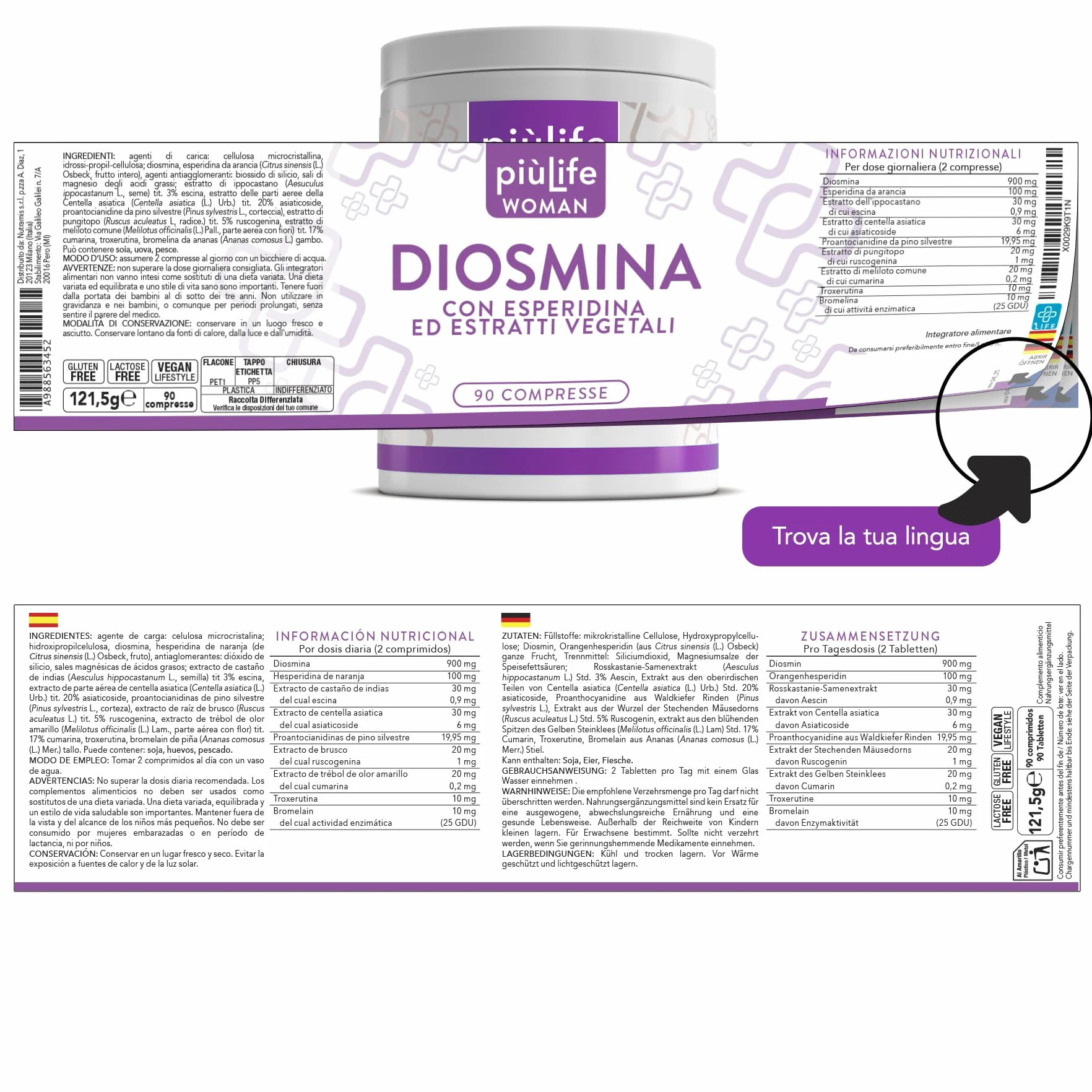 PiùLife Diosmina Esperidina 1000mg Integratore microcircolo gambe pesanti 90 compresse