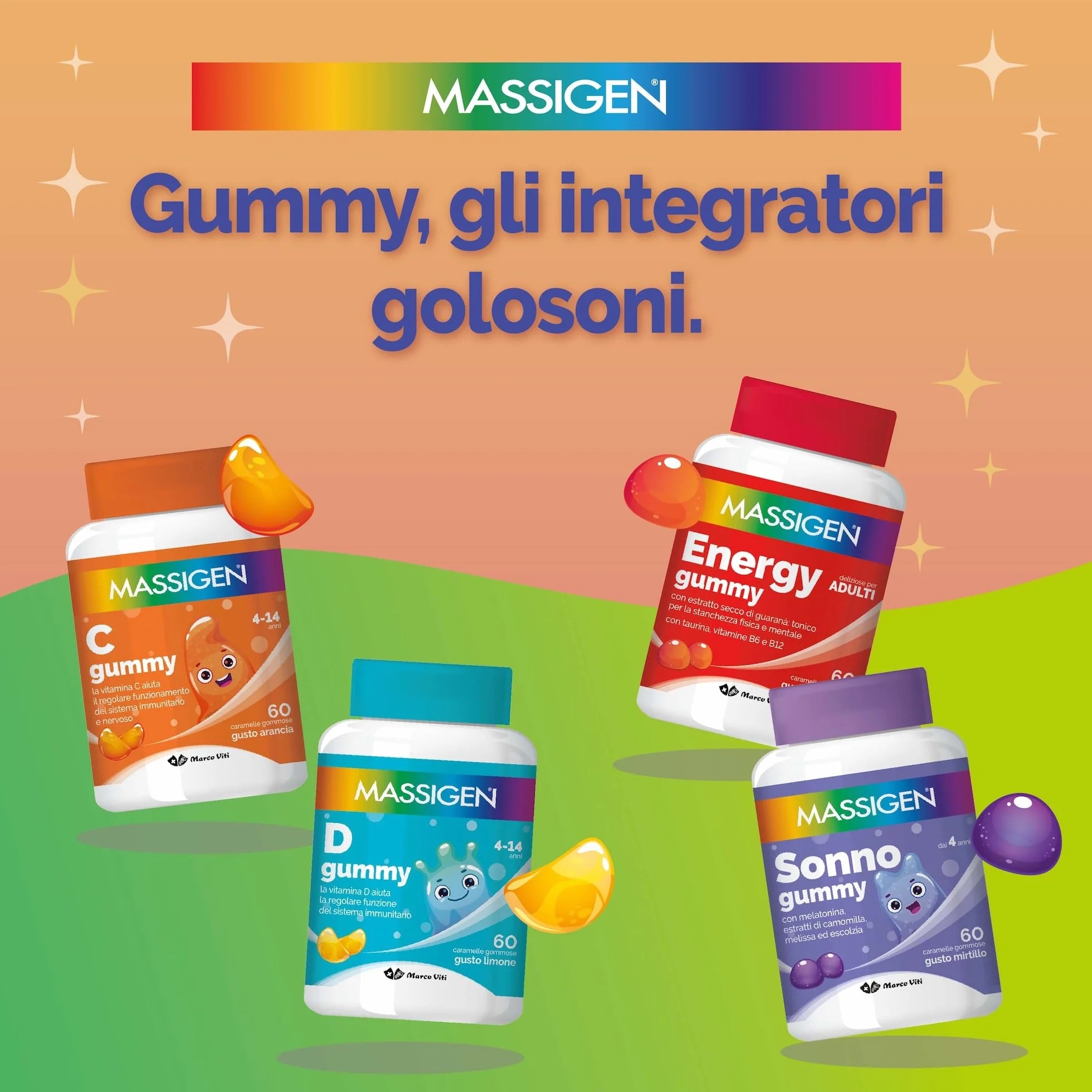 Massigen Multi Gummy Multivitaminico Bambini 4-14 Anni 60 Caramelle Vitamine A C E D B6 B12 Acido Folico Senza Glutine Lattosio