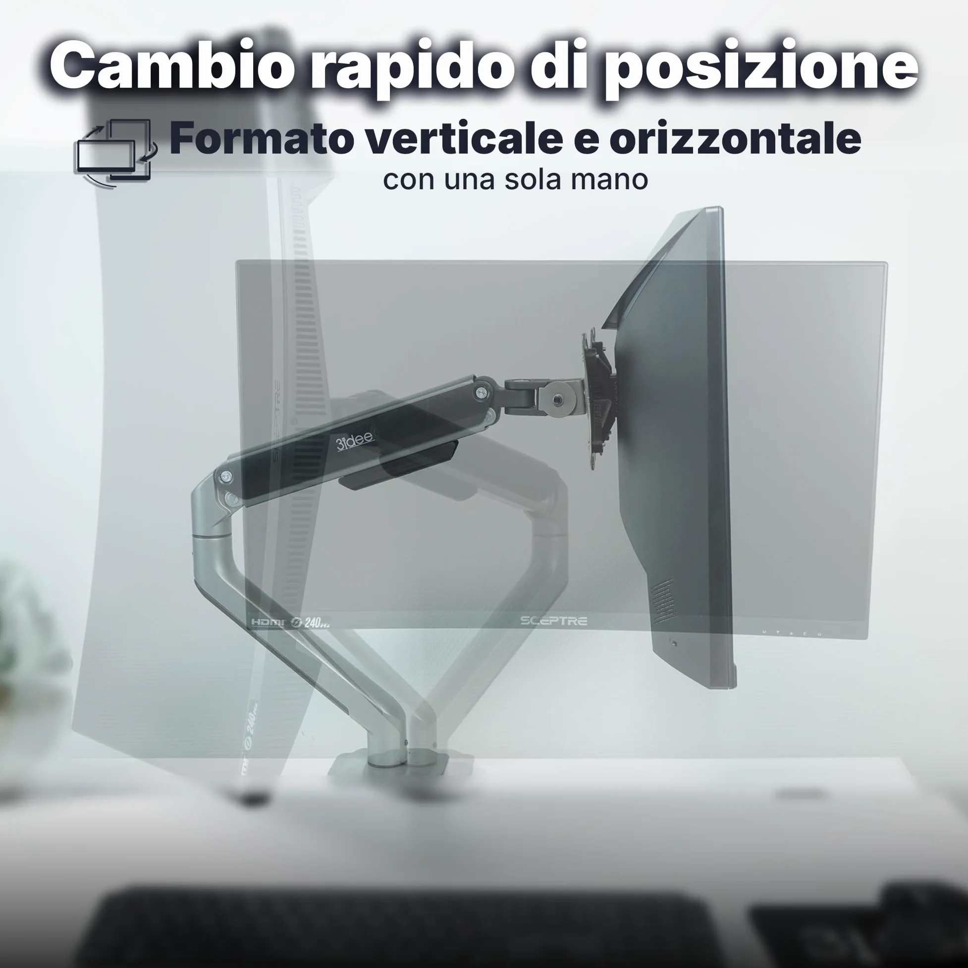 3IDEE Supporto 1 monitor da scrivania per monitor 17-32 pollici - regolabile in altezza, stabile fino a 9 kg - design sottile in alluminio - inclinabile, ruotabile, orientabile - VESA 75x75 e 100x100