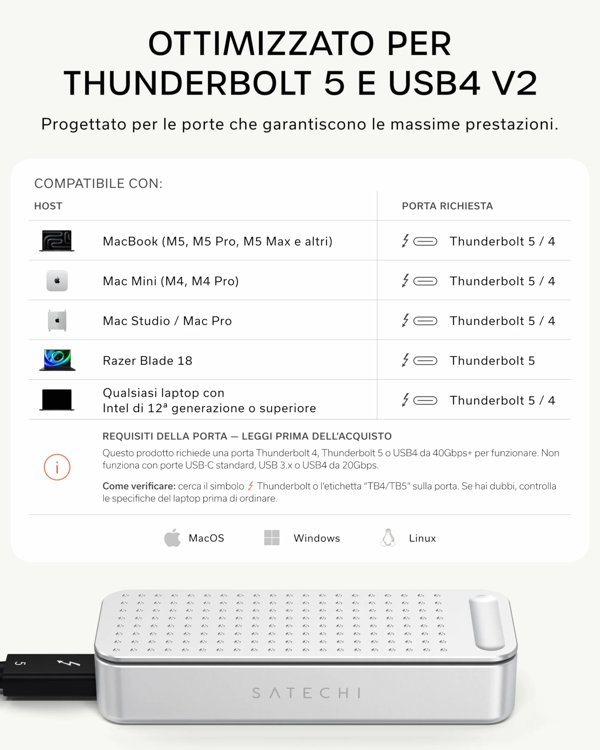 SATECHI DotDisk™ Case SSD M.2 NVMe 80Gbps, USB4 V2 in Alluminio con Raffreddamento Attivo, Trasferimento Ultra Rapido per Thunderbolt 5 e USB4 – Argento