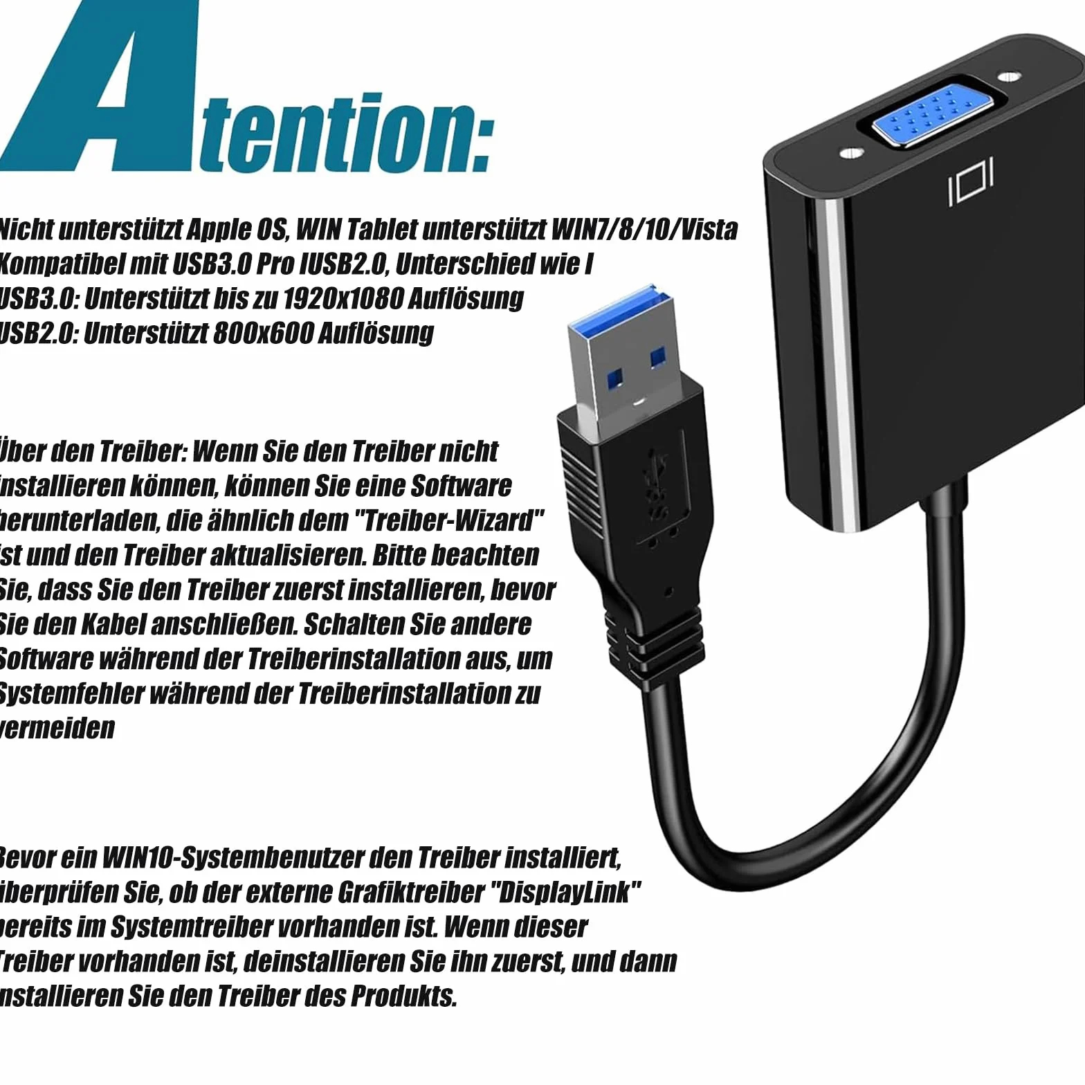 GERUI Adattatore da USB a VGA, convertitore da USB 3.0/2.0 a VGA, convertitore video HD 1080P, per PC, laptop, HDTV, compatibile con Windows XP/7/8/8.1/10