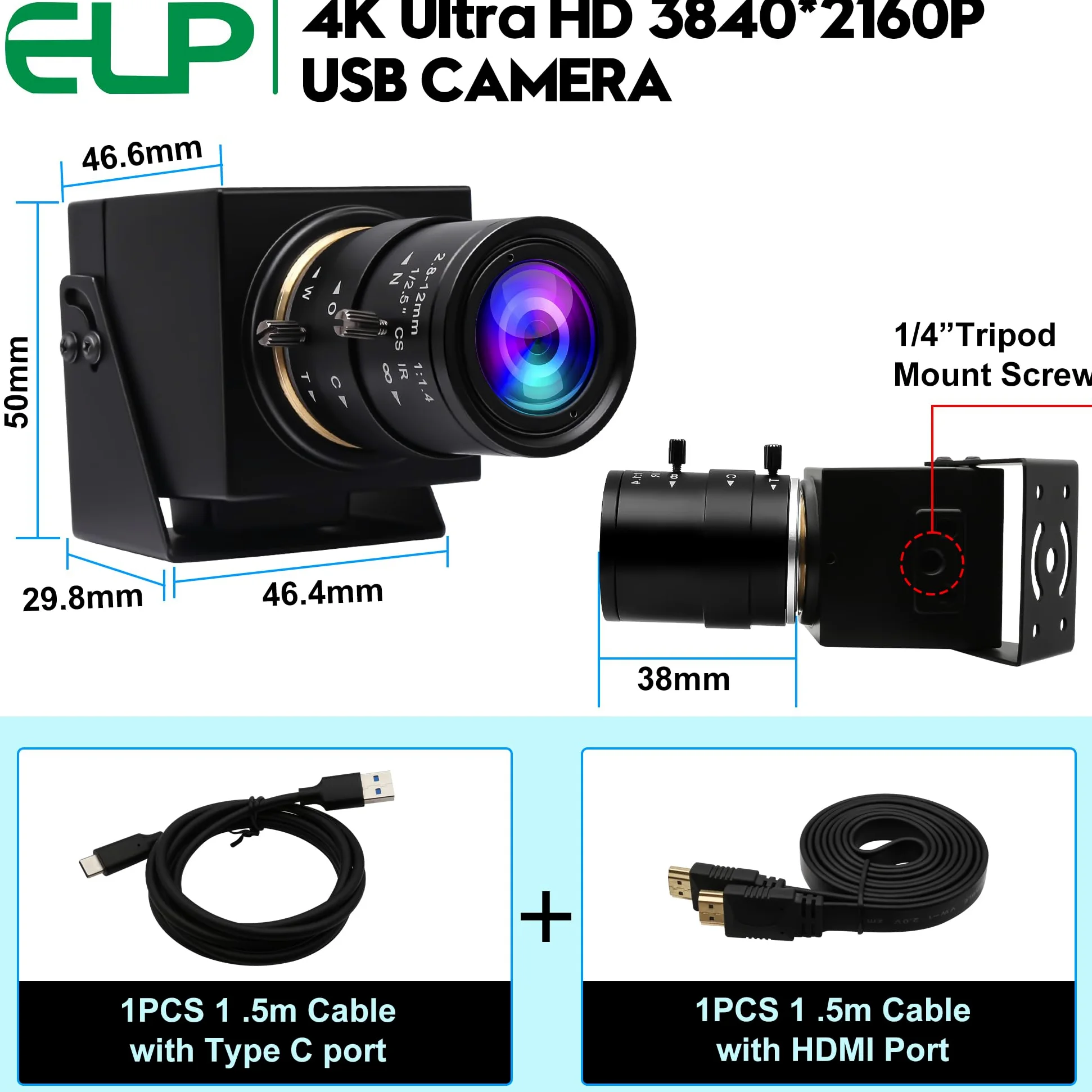 ELP Webcam USB 3.0 4K 60fps - Uscita HDMI per TV/Monitor - Zoom Manuale - Videoconferenza PC Camera ad alta velocità - Messa a fuoco variabile H.264