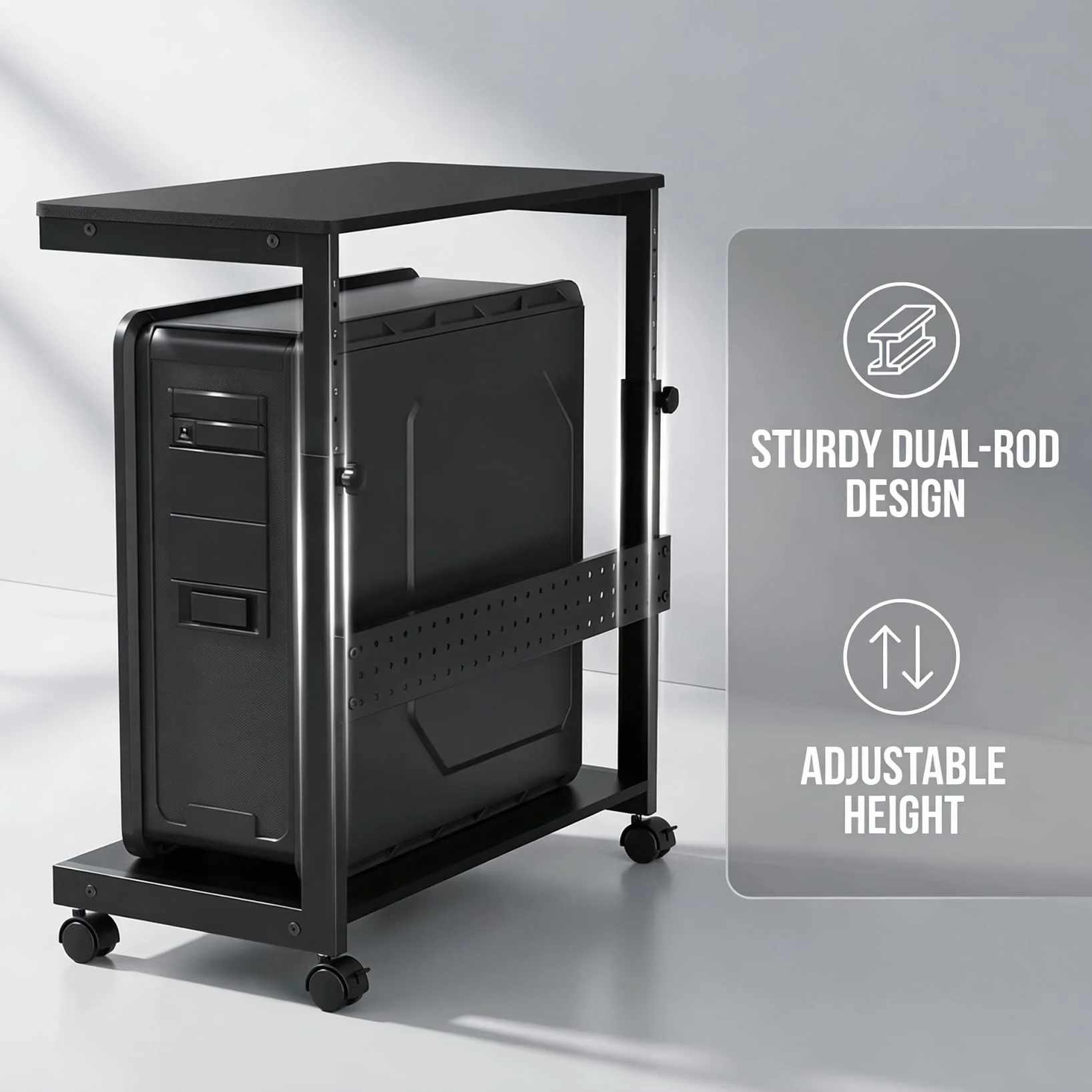 Supporto per Torre PC Regolabile in Altezza, Supporto per Computer con Ruote 360°, Supporto per PC sotto Scrivania in Metallo, Supporto per Torre PC per Tutti i Cassetti, Tavolo Mobile da Appoggio per