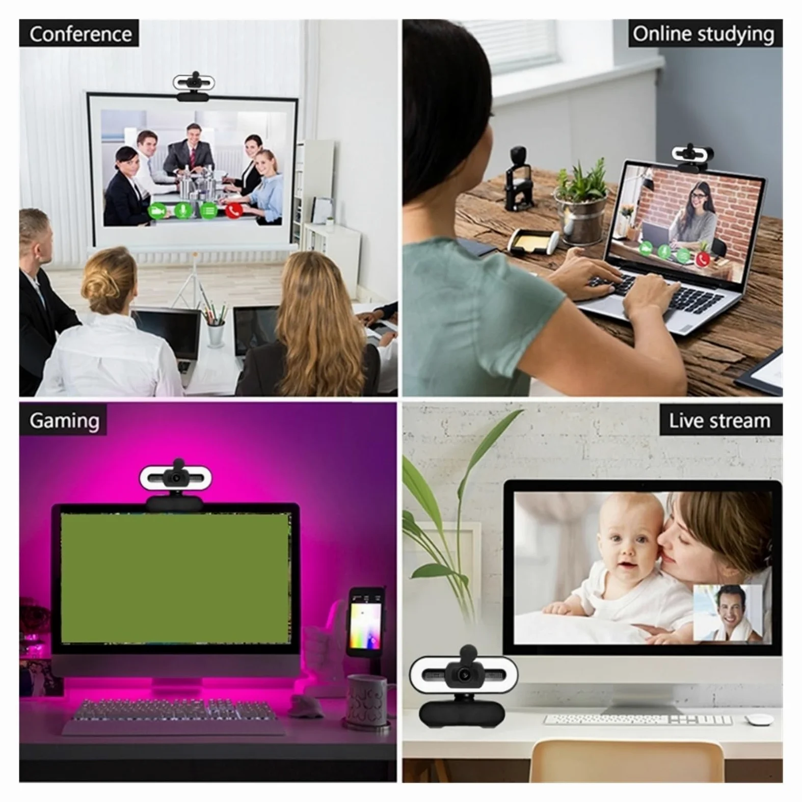 Webcam 1080P 4K Full HD con Luce di riempimento ad Anello Laptop PC Computer Trasmissione in Diretta Video Web Cam con Microfono Telecamere rotanti(4K with Holder)