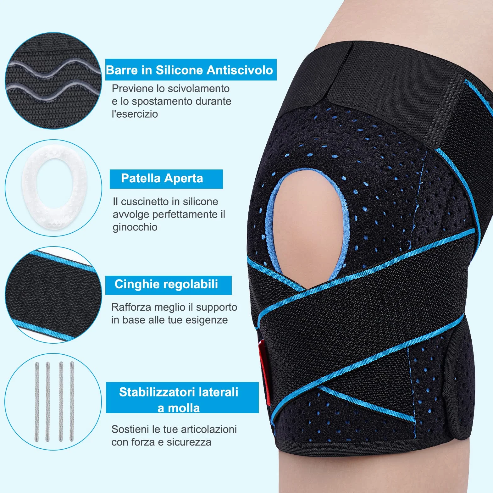 Tutore Ginocchio con Stabilizzatori Laterali Ginocchiera Ortopedica Regolabile Neoprene per Legamenti 1 Pezzo