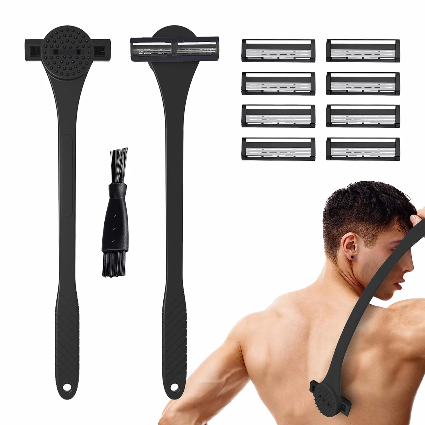 SmartB Rasoio Posteriore 2 in 1 Acciaio Inox Manico Pieghevole Bagnato/Asciutto Nero con 8 Lame di Ricambio