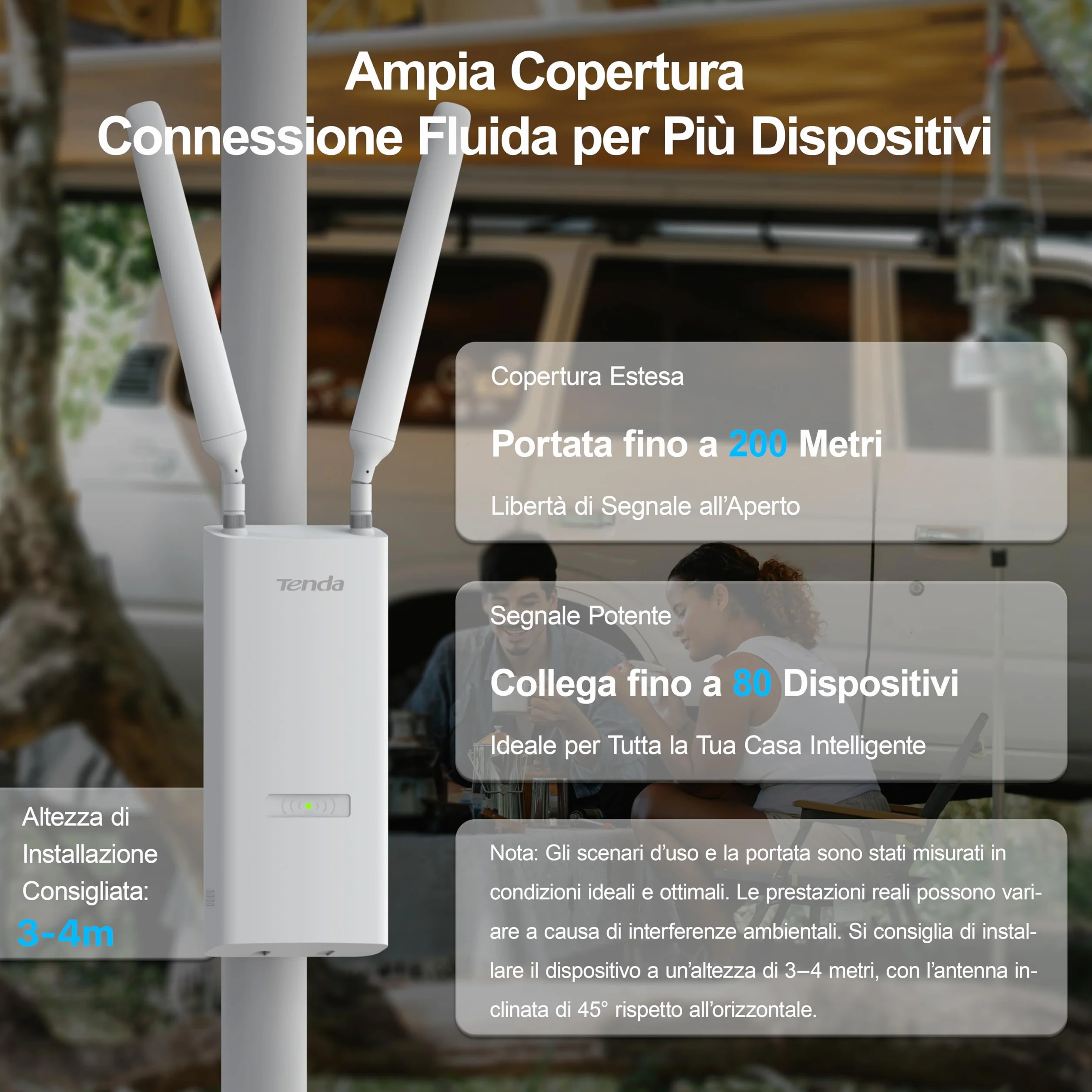 Tenda Access Point WiFi 6 AX3000Mbps Esterno Dual Band, 1 Porta Gigabit Ethernet, IP65, MU-MIMO, OFDMA, Roaming Senza Interruzioni, PoE 802.3at & Passive PoE, OAP3000