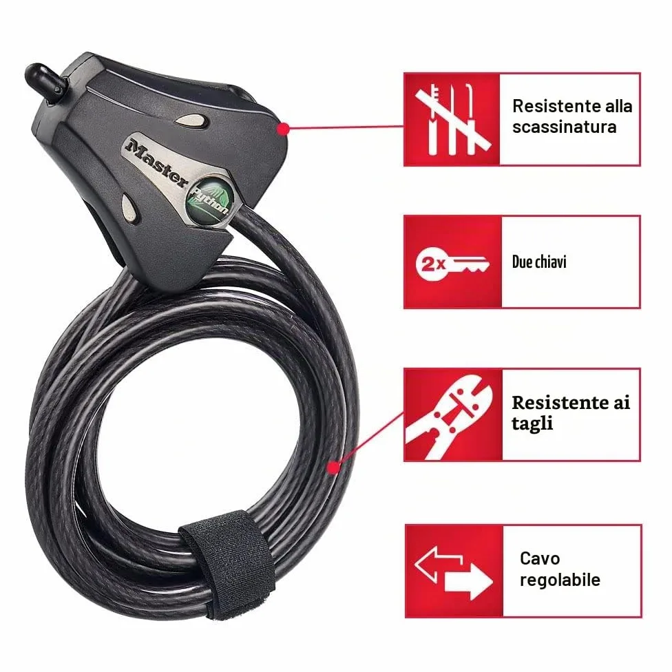 Master Lock, Lucchetto per bici con cavo nero e chiave, cavo regolabile in metallo con rivestimento in vinile, resistente alle intemperie, per attrezzature da esterno, biciclette, telecamere trail,