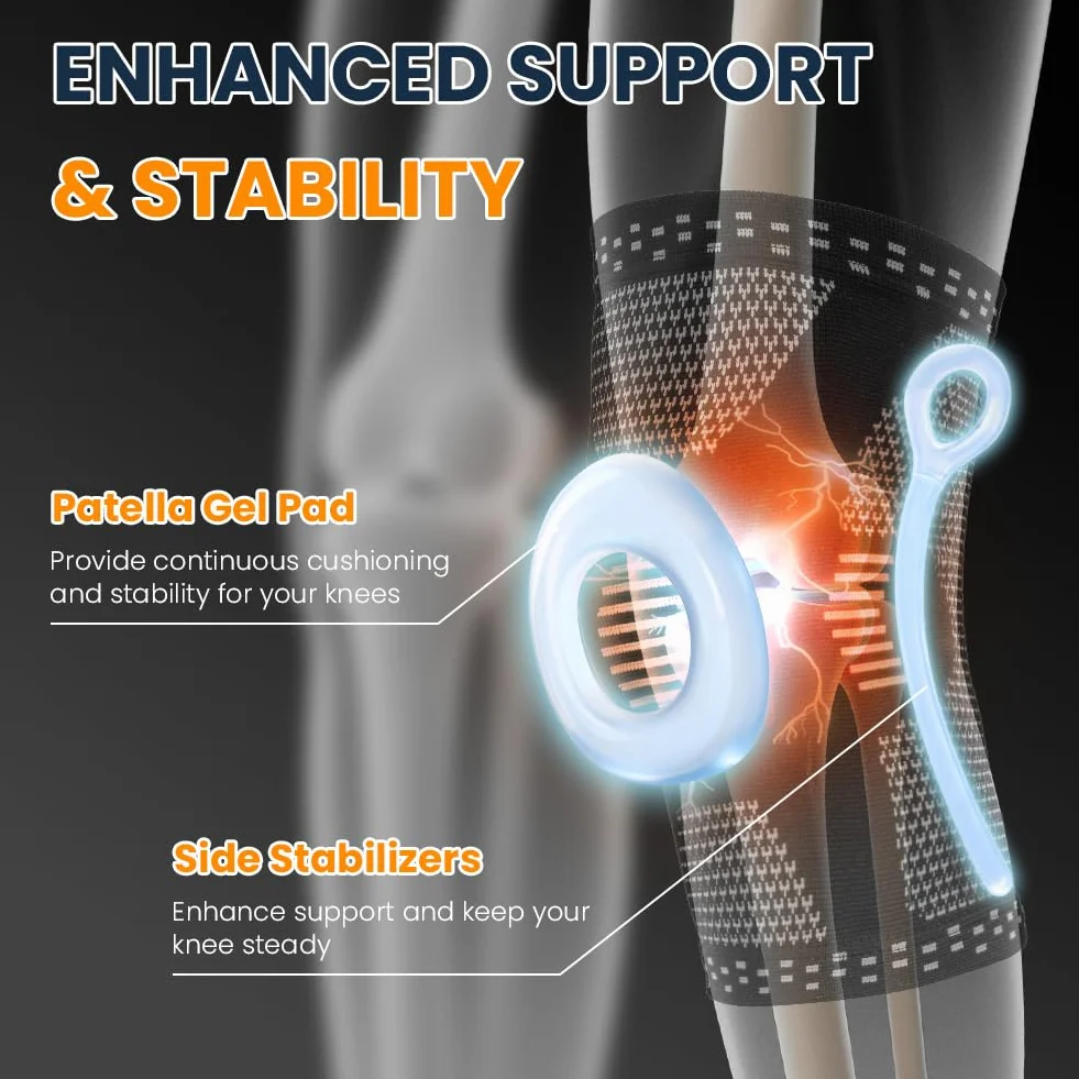 Tutore Ginocchio Ortopedico con Stabilizzatori Laterali e Patella Gel Pad, Compressione Antiscivolo per Corsa, Lesioni Menisco, Artrite