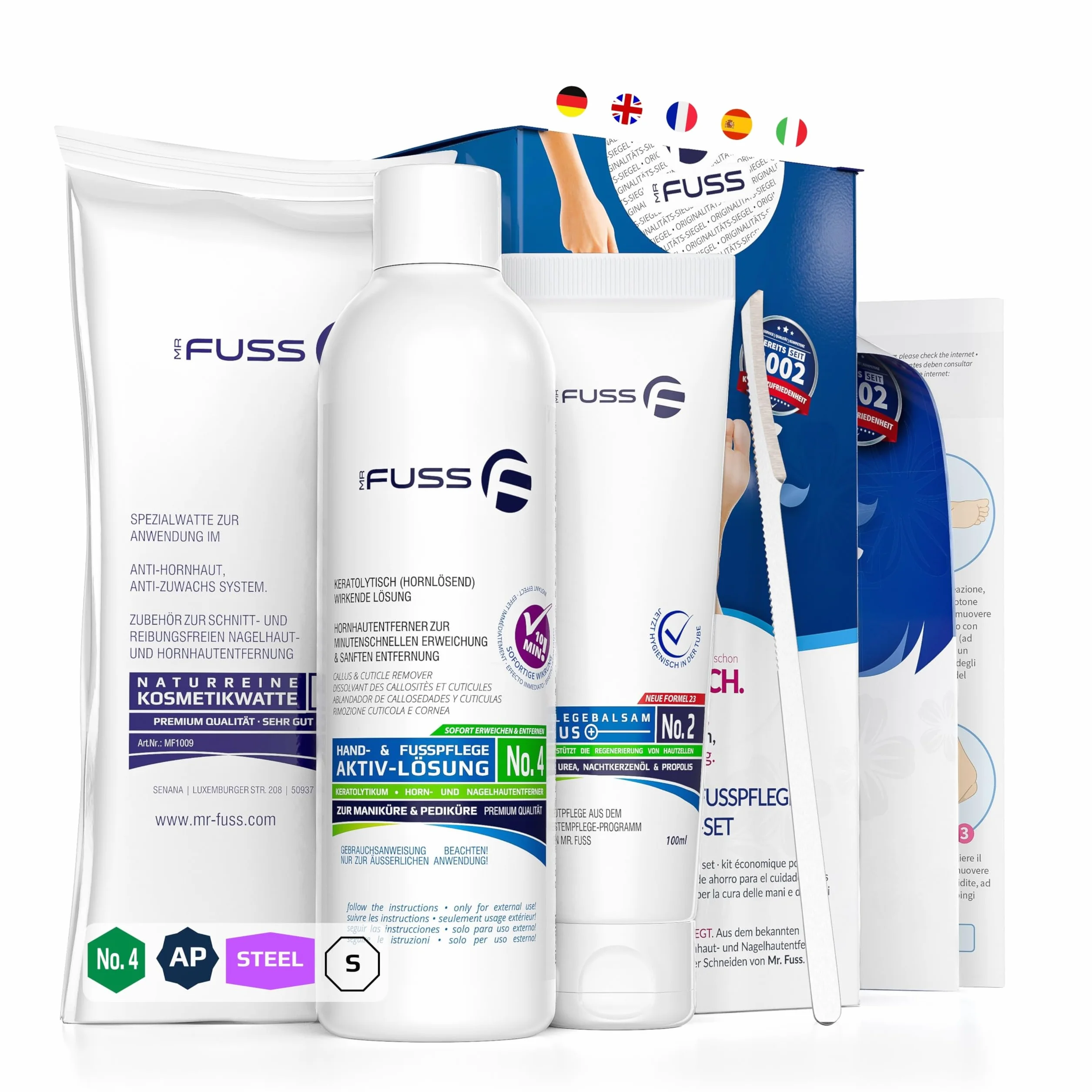 Mr. Fuss N. 4 Advanced Pack Steel Piccolo, rimozione cuticole, 250 ml, 100 ml, raschietto in acciaio