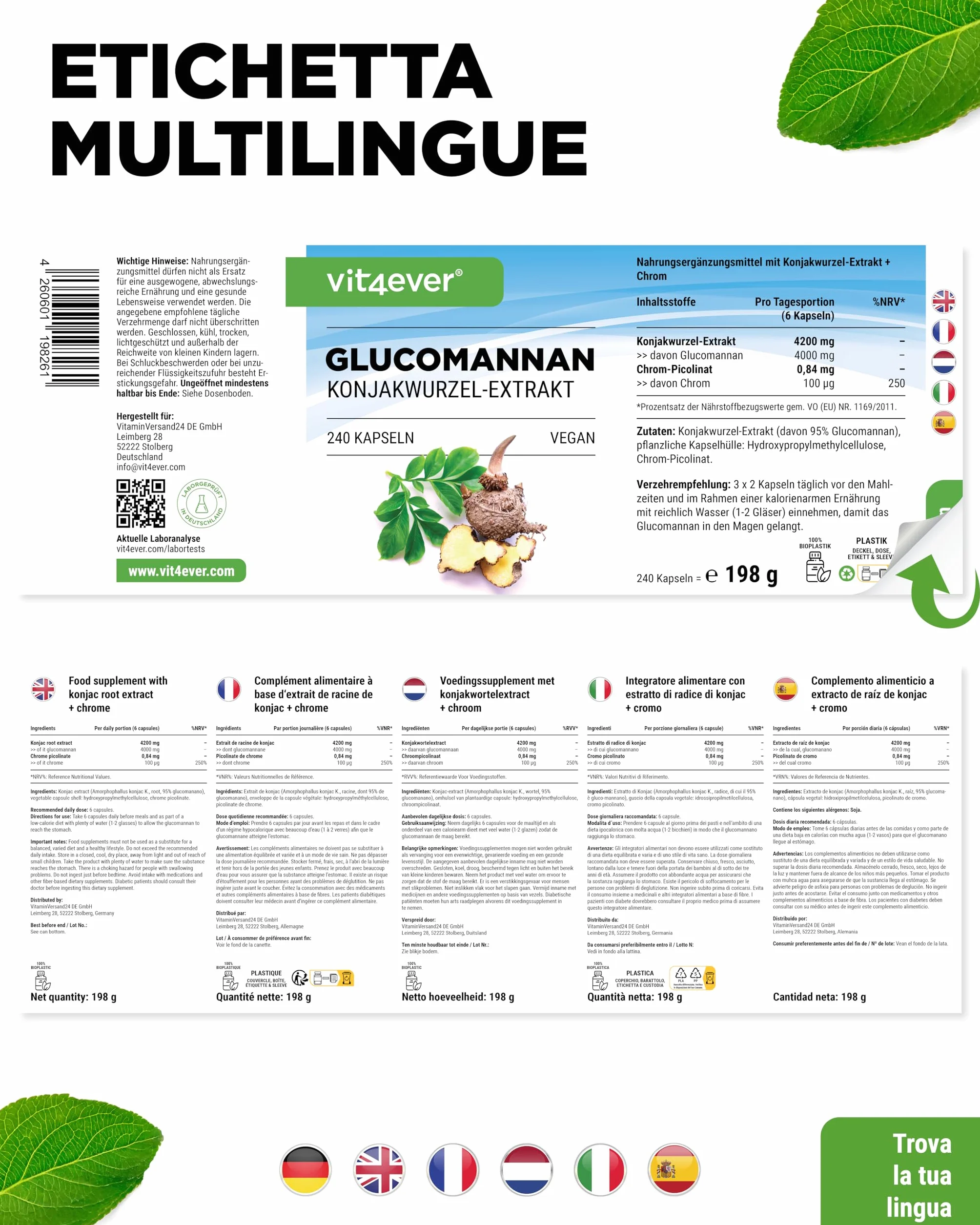 Glucomannano dalla radice di konjac 240 capsule 4200 mg per porzione con cromo Vegan