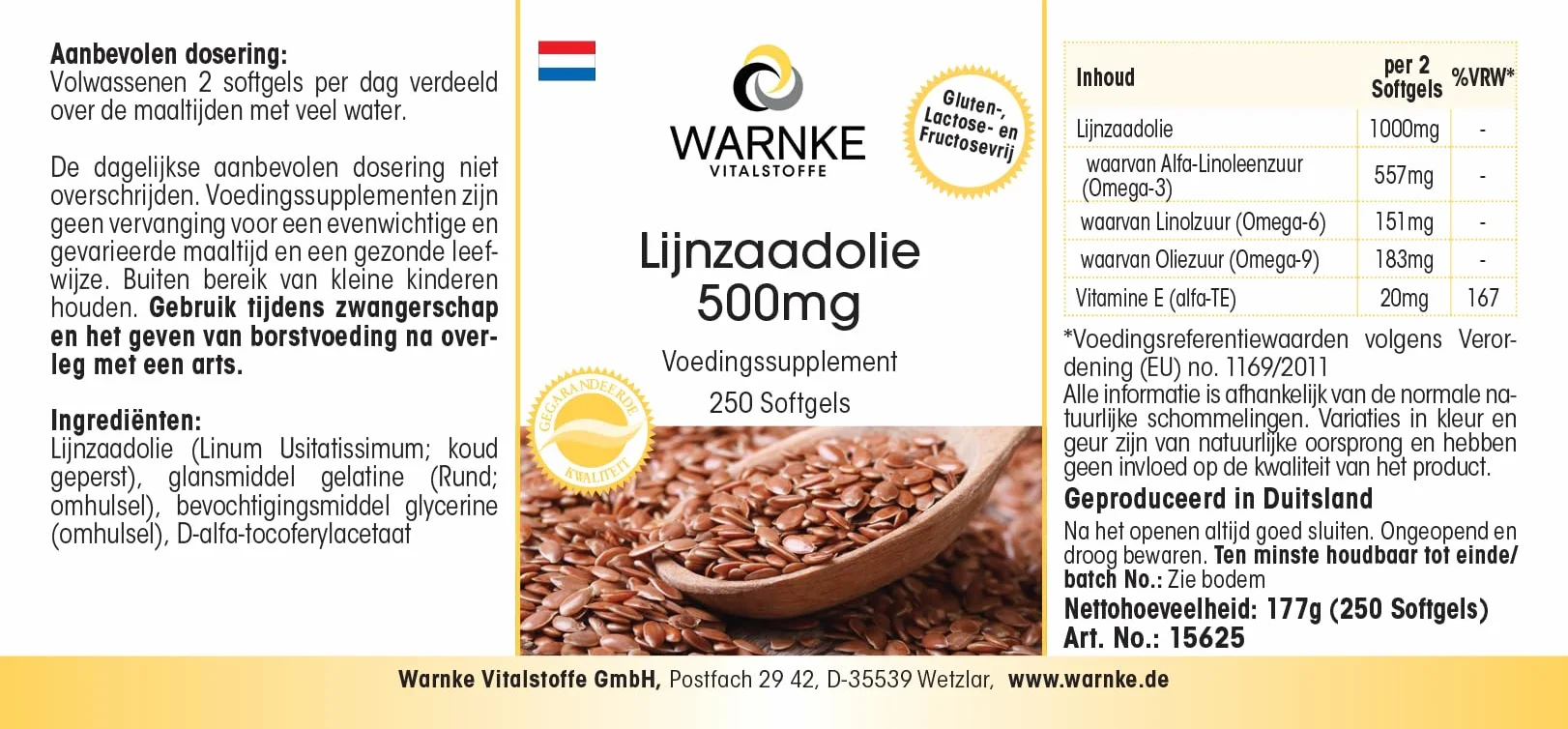 Olio di lino puro 500mg Alpha acido liponico Omega 3-250 Softgel Vitamina E Warnke Vitalstoffe
