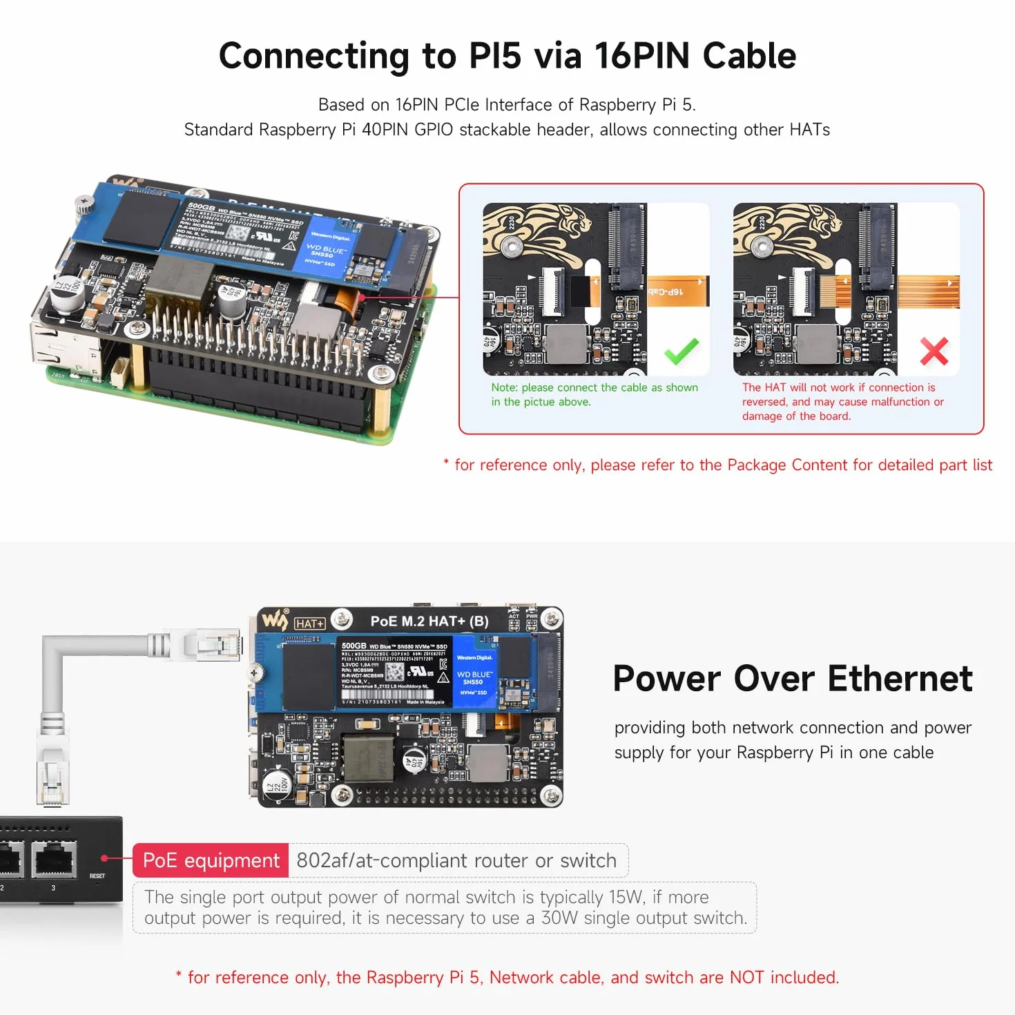 Waveshare PCIe to M.2 Adapter with PoE Function HAT+ (B), Compatible with Raspberry Pi 5, Supports POE NVMe Drive Protocol 2230/2242 / 2260/2280 M.2 Solid State Drive, High-Speed Reading/Writing