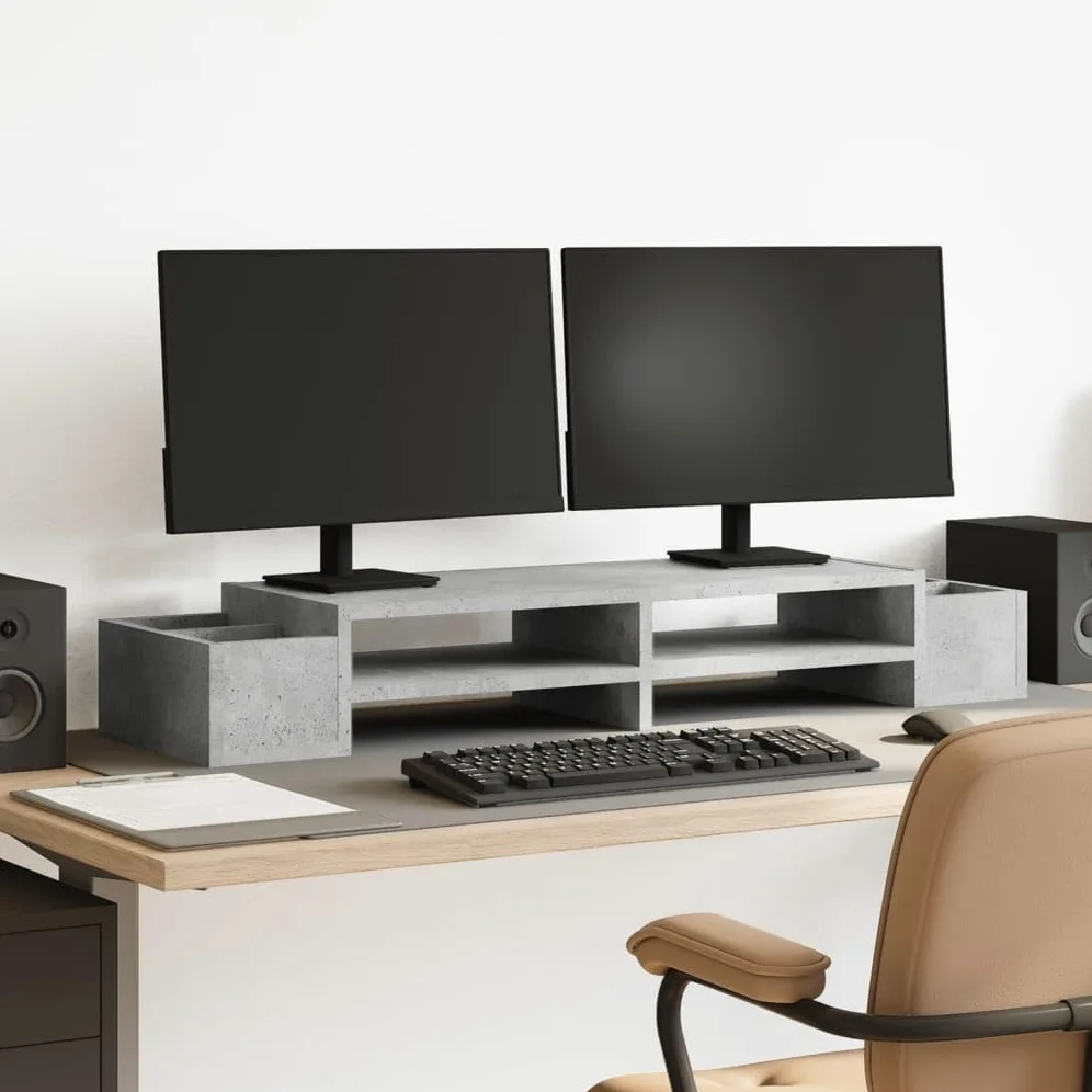 Supporto per monitor con vano portaoggetti, in legno grigio cemento, 100 x 27 x 15 cm, 4 scomparti, per scrivania per computer, scrivania, supporto per laptop, supporto per monitor, home
