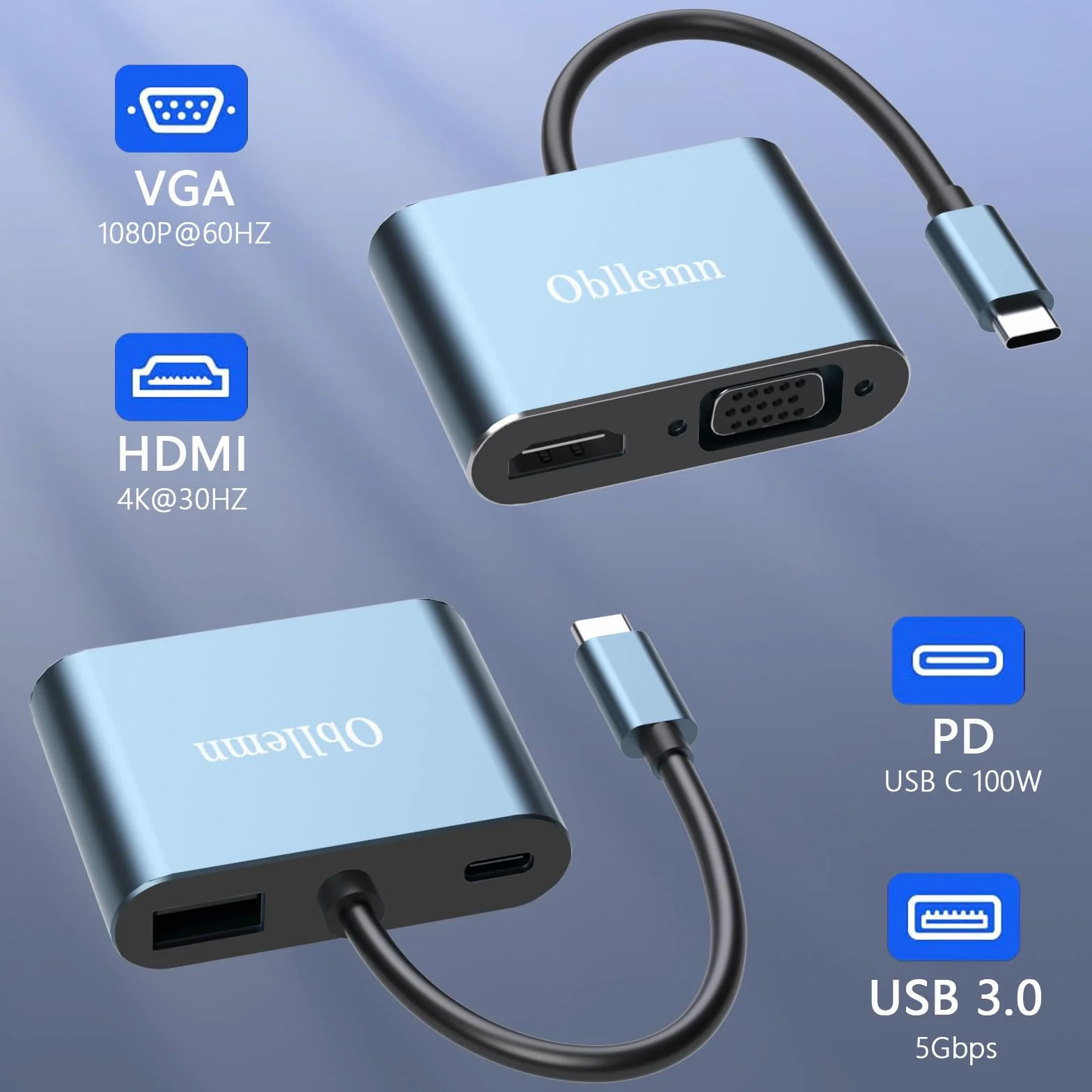 Adattatore USB C a HDMI VGA 4K 30Hz 4 in 1 Multiporta Thunderbolt 3 con USB 3.0 PD 100W per MacBook Pro/Air