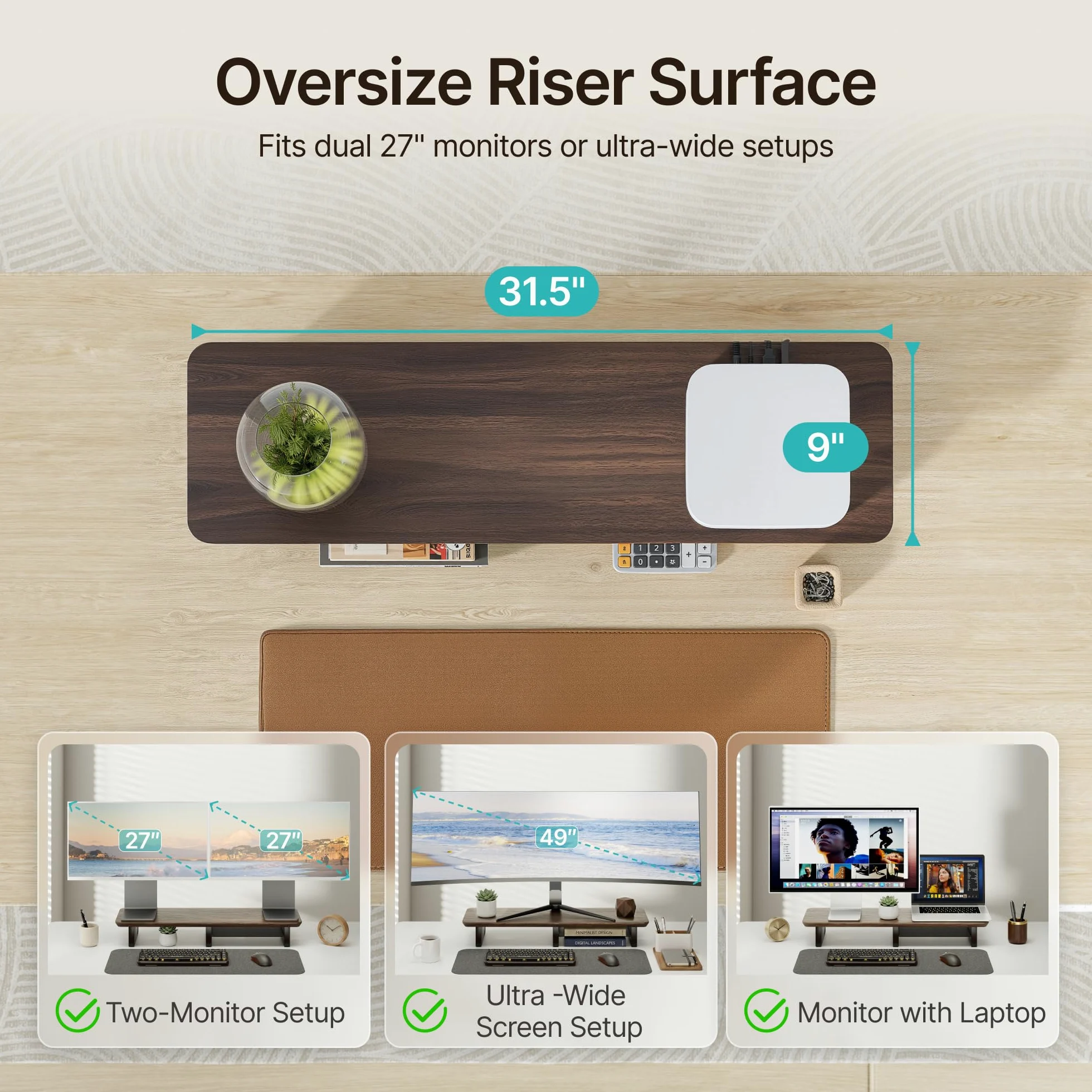 PEGZONE Rialzo per doppio monitor con ripiano in metallo integrato, grande ripiano da scrivania in legno di noce per 2 monitor/TV, ampio supporto per monitor lungo per scrivania, supporto per monitor