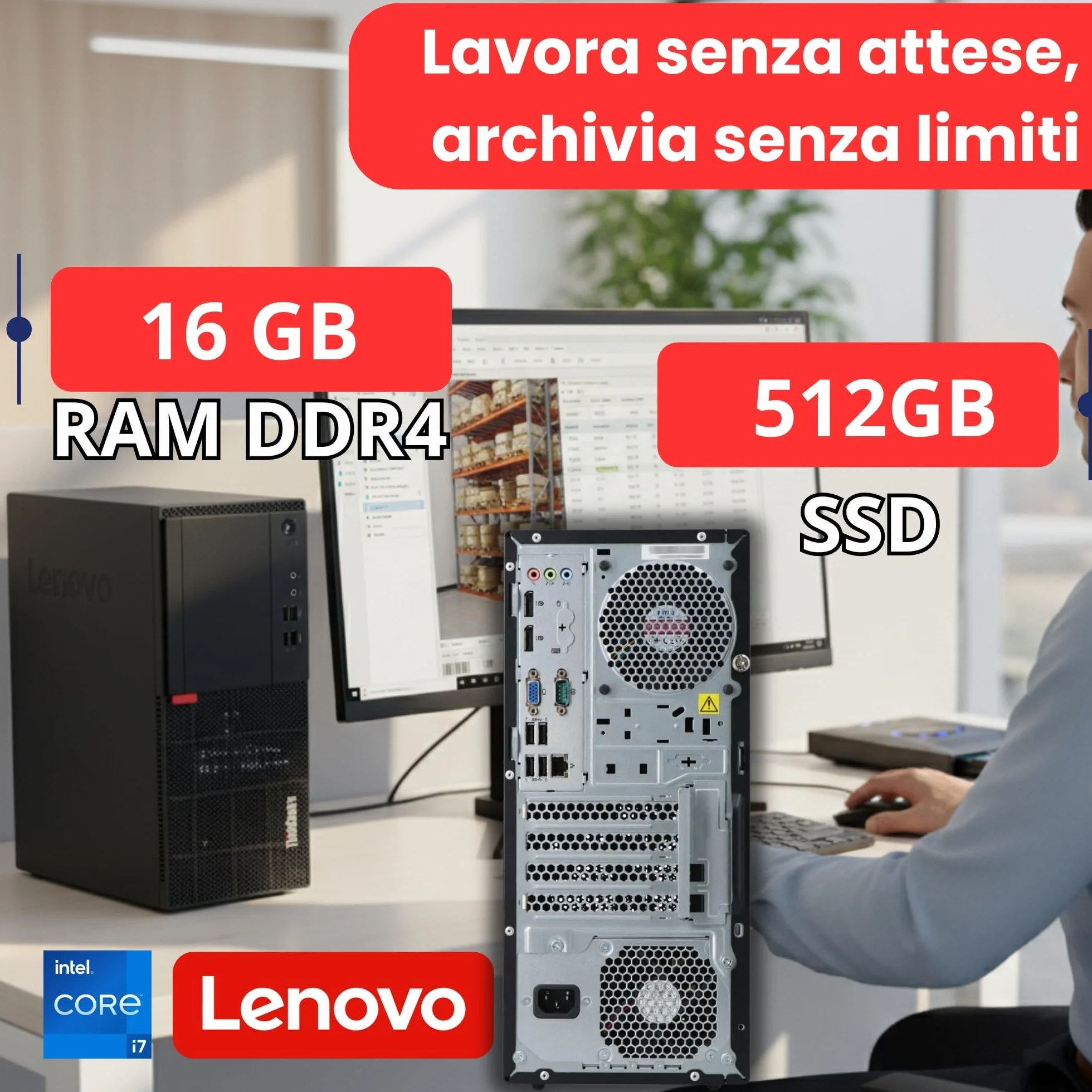 Lenovo - PC veloce con Intel Core i7 6700 - Computer desktop + Silent Computer per ufficio e home Office da 4 GHz - 16 GB - SSD da 512 GB - USB3.0 - WLAN - Include Windows 11 Pro DV RW