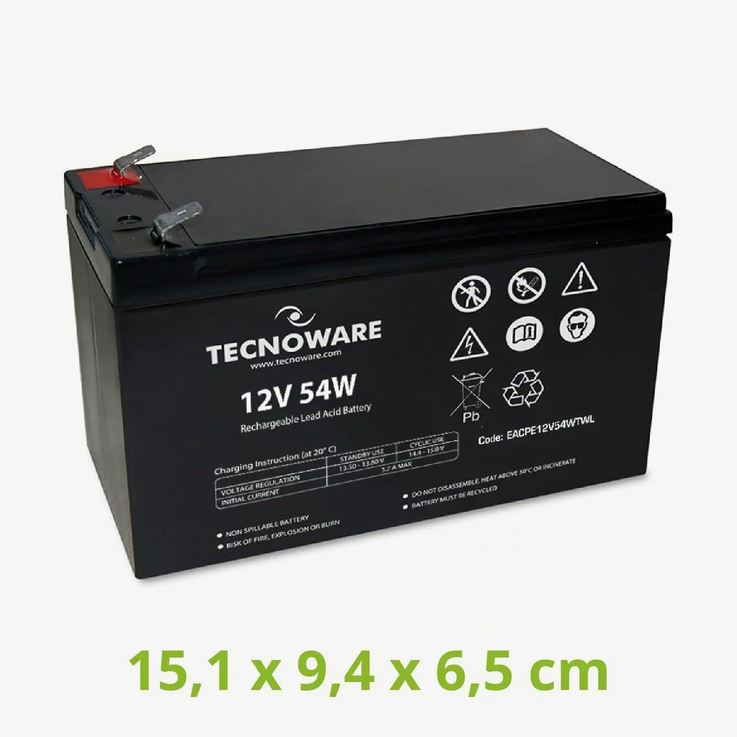 Tecnoware Batteria Ermetica al Piombo 12 V Capacità 54 W - per UPS, Sistemi di Videosorveglianza e Allarme - Attacco Faston 6.3 mm - Dimensioni 15,1 x 9,4 x 6,5 cm