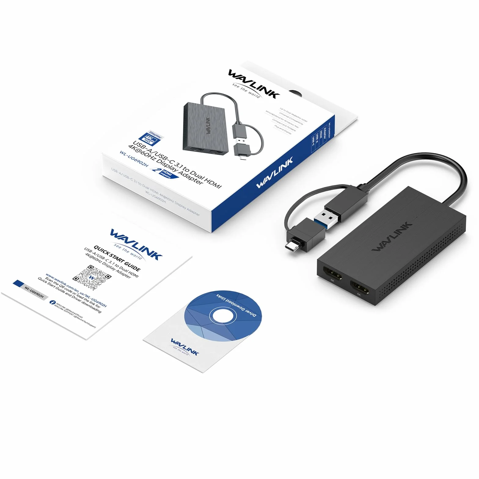 WAVLINK Adattatore USB 3.0/C Displaylink Dual HDMI 4K 60Hz per doppio monitor, uscita USB-A/C a HDMI 4K per Mac M1/M2/M3 o Windows 10/11, Compatibile con il nuovo MacBook Neo