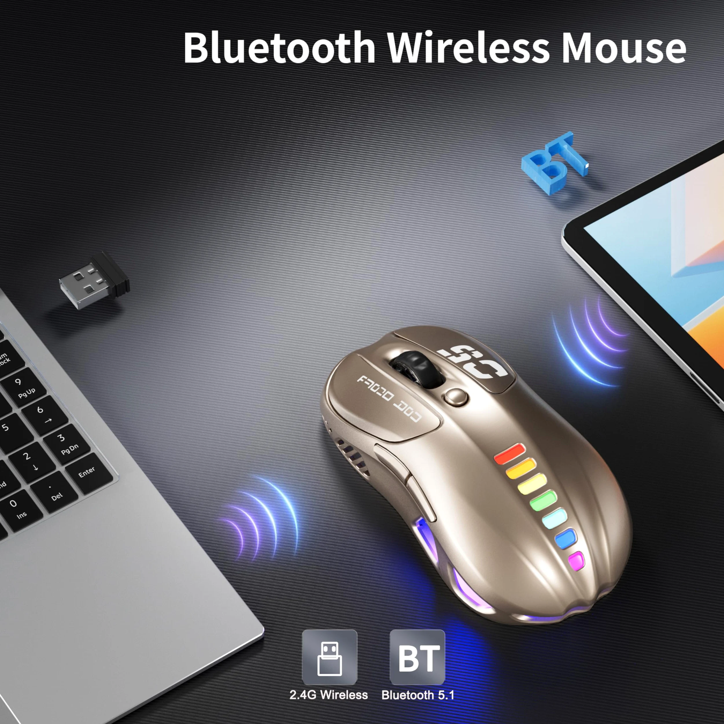 Uciefy Mouse wireless Buletooth, (BT5.1 e USB) Dual Mode ricaricabile LED, mouse ergonomico per computer portatile/PC, bronzo