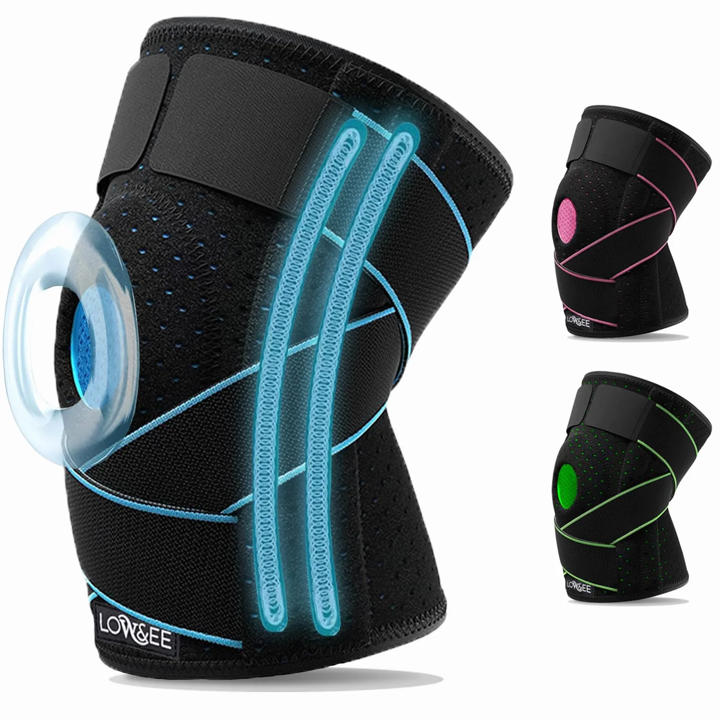 LOW&EE Ginocchiera Ortopedica Neoprene con Stabilizzatori Laterali e Gel Pad, Traspirante Antiscivolo per Menisco e Legamenti, Taglia Unica Nero/Blu