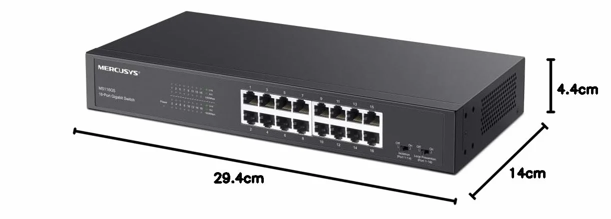 TP-Link Mercusys MS116GS Switch Gigabit 16 Porte, Montaggio Desktop o Rack, Plug & Play, Priorità del Traffico, Prevenzione Loop, Modalità di Isolamento, Funzionamento Silenzioso, Case in Metallo