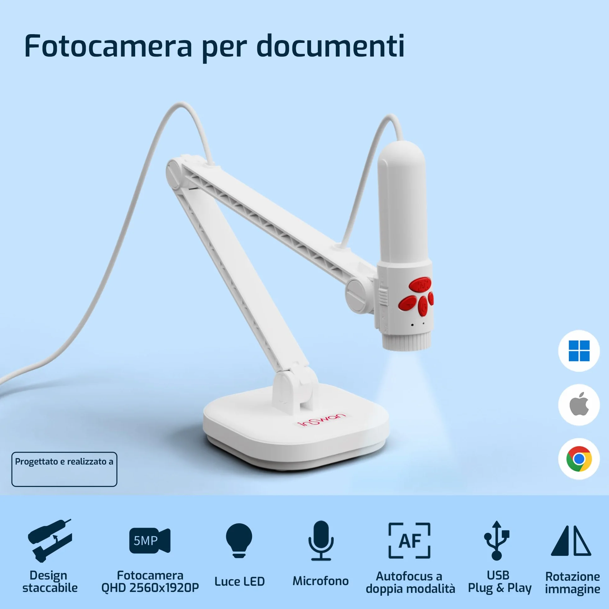 INSWAN INS-3 USB Camera Documenti con Auto Focus, Microfono Incorporato e Luci per Windows, Mac OS, iPad, Chromebook