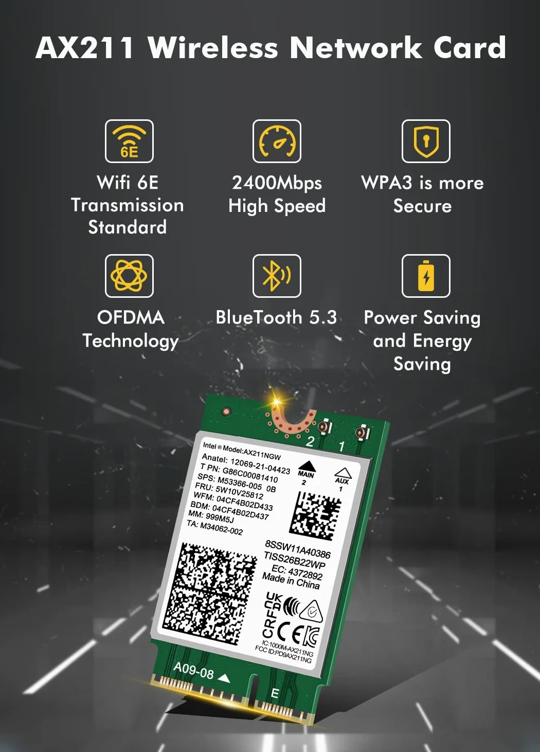 WiFi 6E Wireless Card AX211 NGW. Only Support CNVio2 Protocol and 12/13th Generation CPU, Bluetooth 5.3, Tri-Band 5400Mbps, Network Adapter for Laptop Support Windows 10/11 (64bit),Linux.