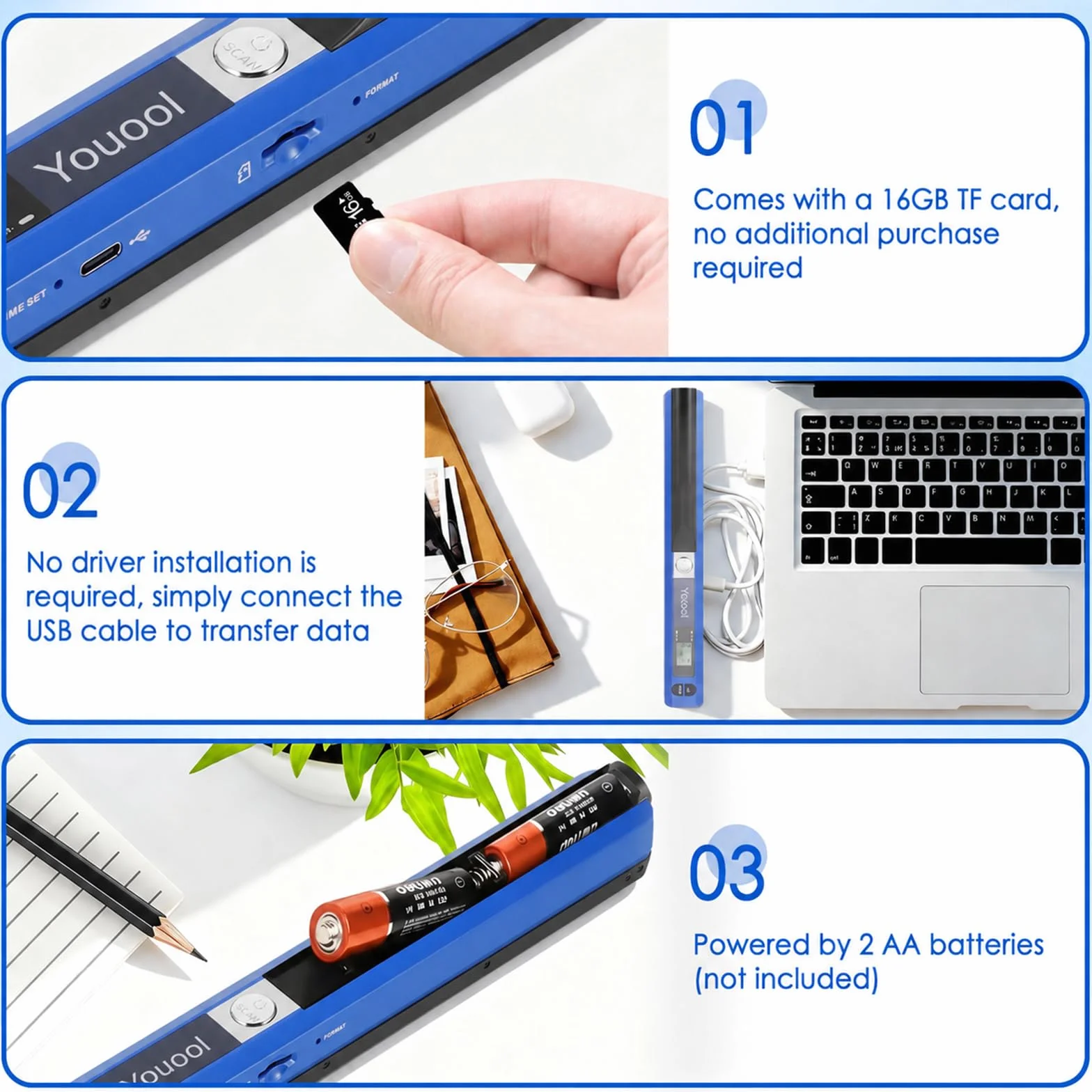 Scanner portatile A4 900 dpi USB a colori per documenti JPG/PDF blu + scheda 16GB