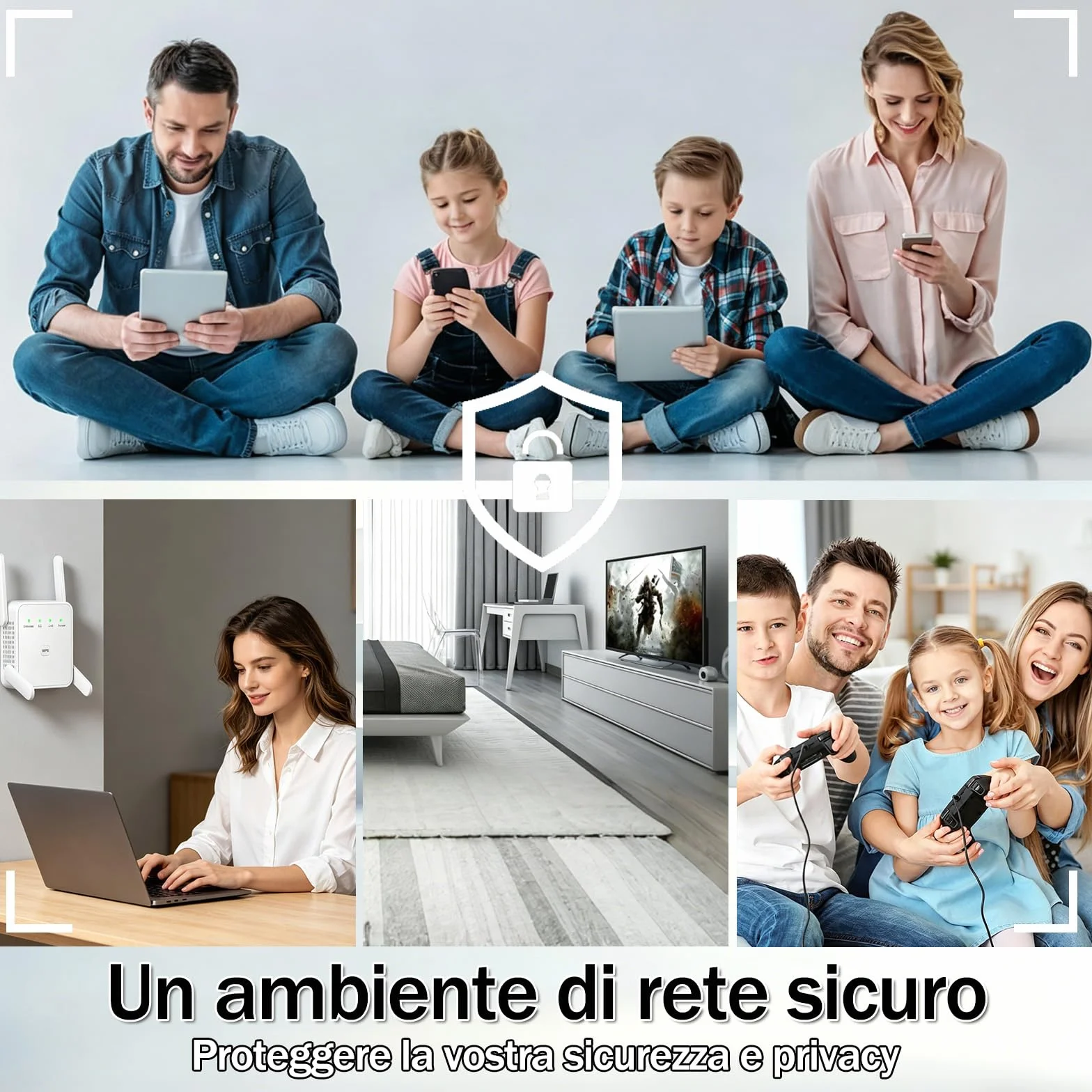 Amplificatore Wi-Fi, 1200Mbps WiFi Extender Dual Band 2.4GHz/5GHz con 4 Antenne ad Alto Guadagno, Ripetitore WiFi Potente per Casa,Porta LAN, WPS, Access Point, Supporta 2 Modalità